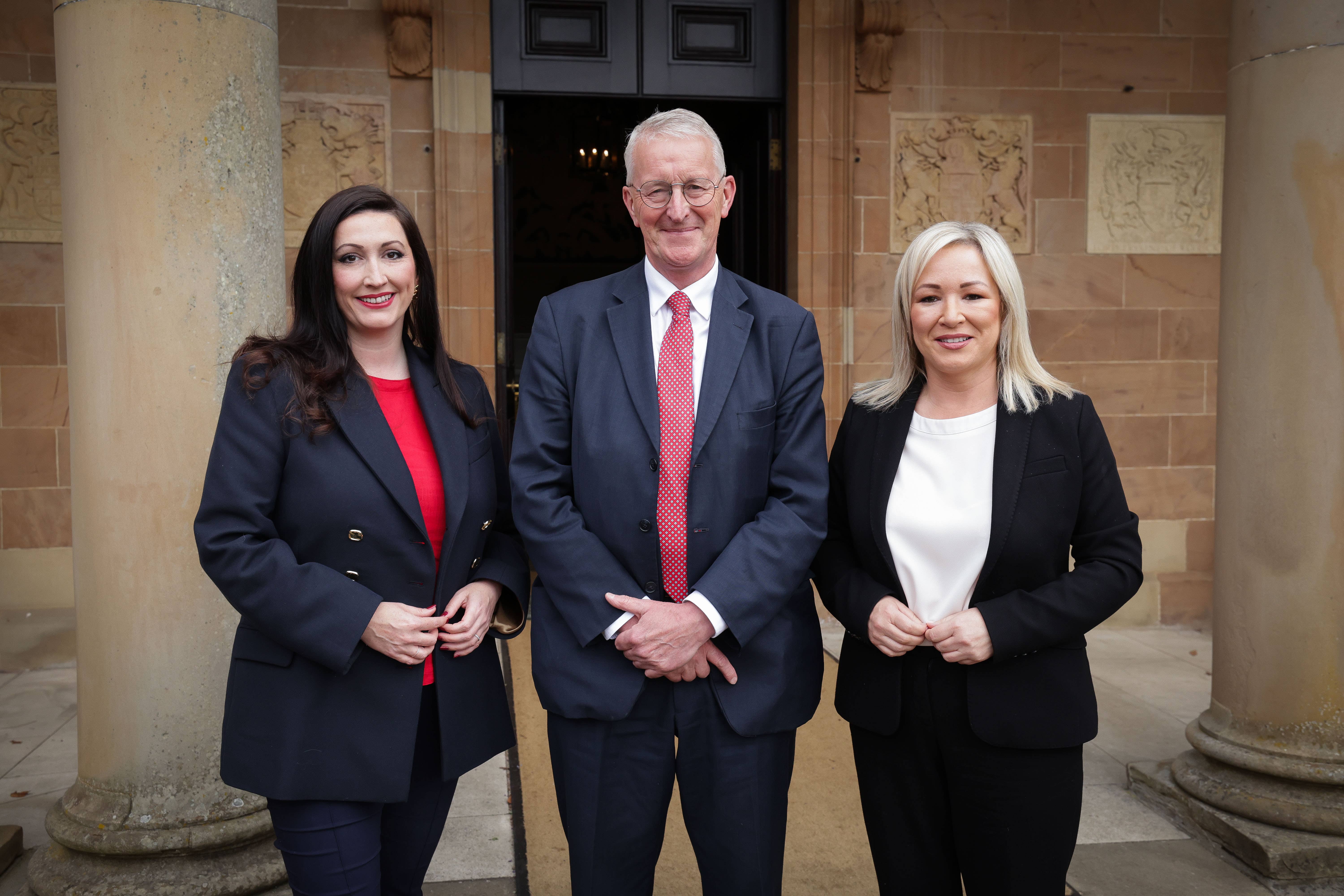 The new Secretary of State for Northern Ireland, Hilary Benn MP, is pictured meeting First Minister Michelle O’Neill and deputy First Minister Emma Little-Pengelly at Hillsborough Caste on Saturday evening (Kelvin Boyes/PA)Photo by Kelvin Boyes / Press Eye.