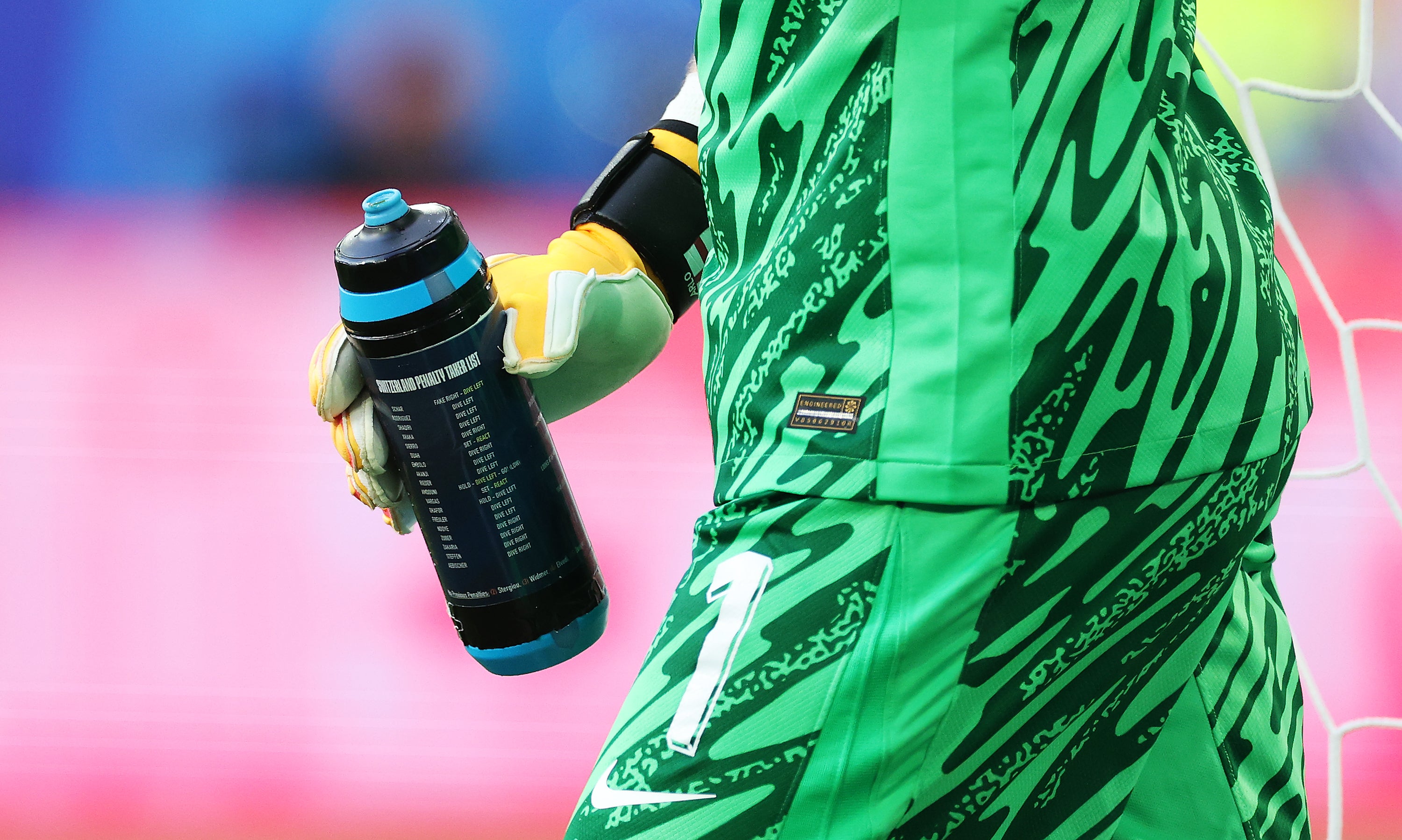 Jordan Pickford holds a water bottle with his penalty tips