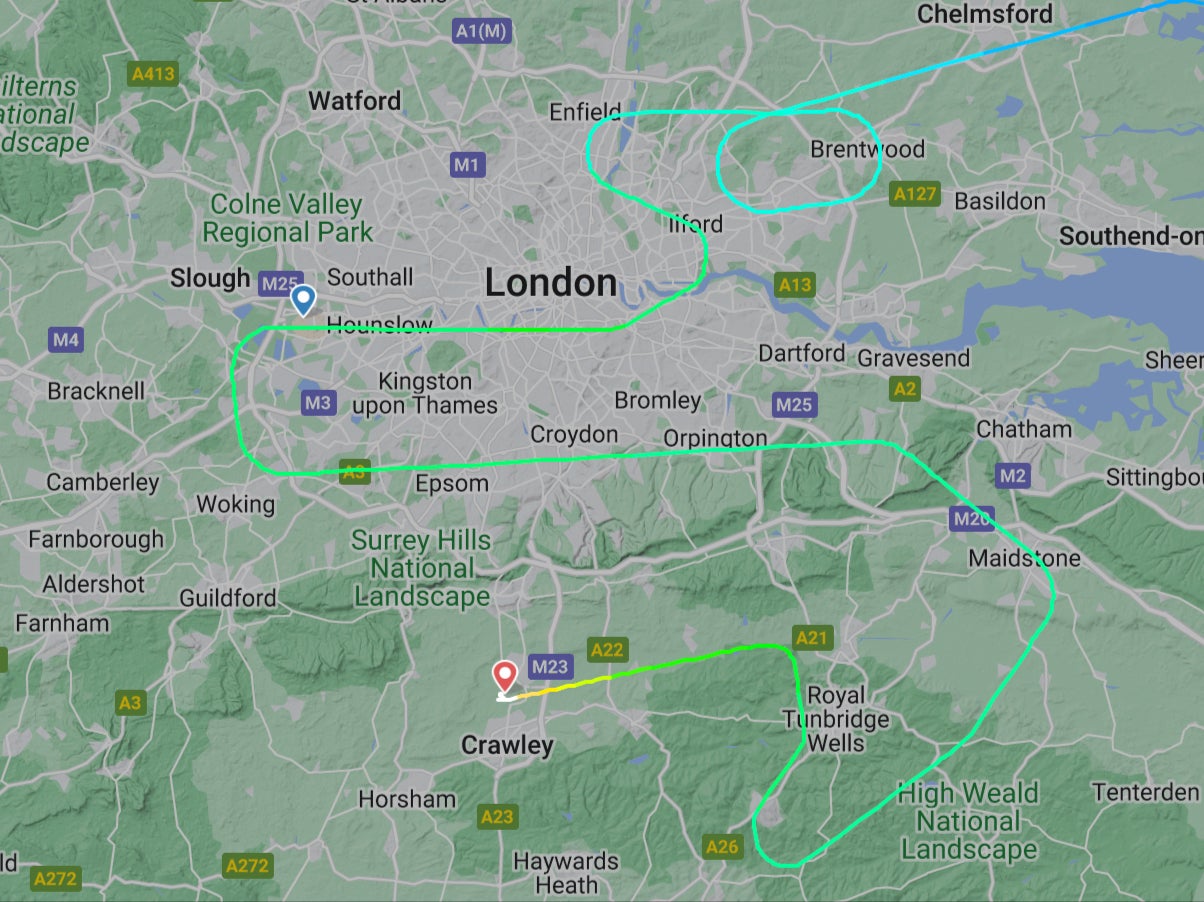 Safe landing: Flightpath of British Airways flight BA919 from Stuttgart to London Heathrow – which diverted to Gatwick