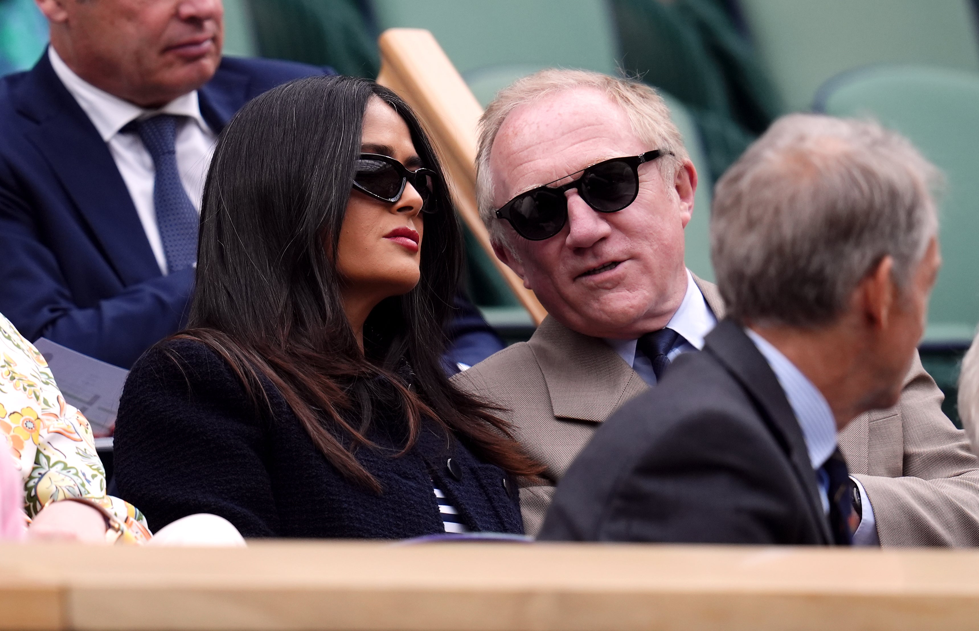 Salma Hayek and Francois-Henri Pinault in the royal box on day seven of the 2024 Wimbledon Championships