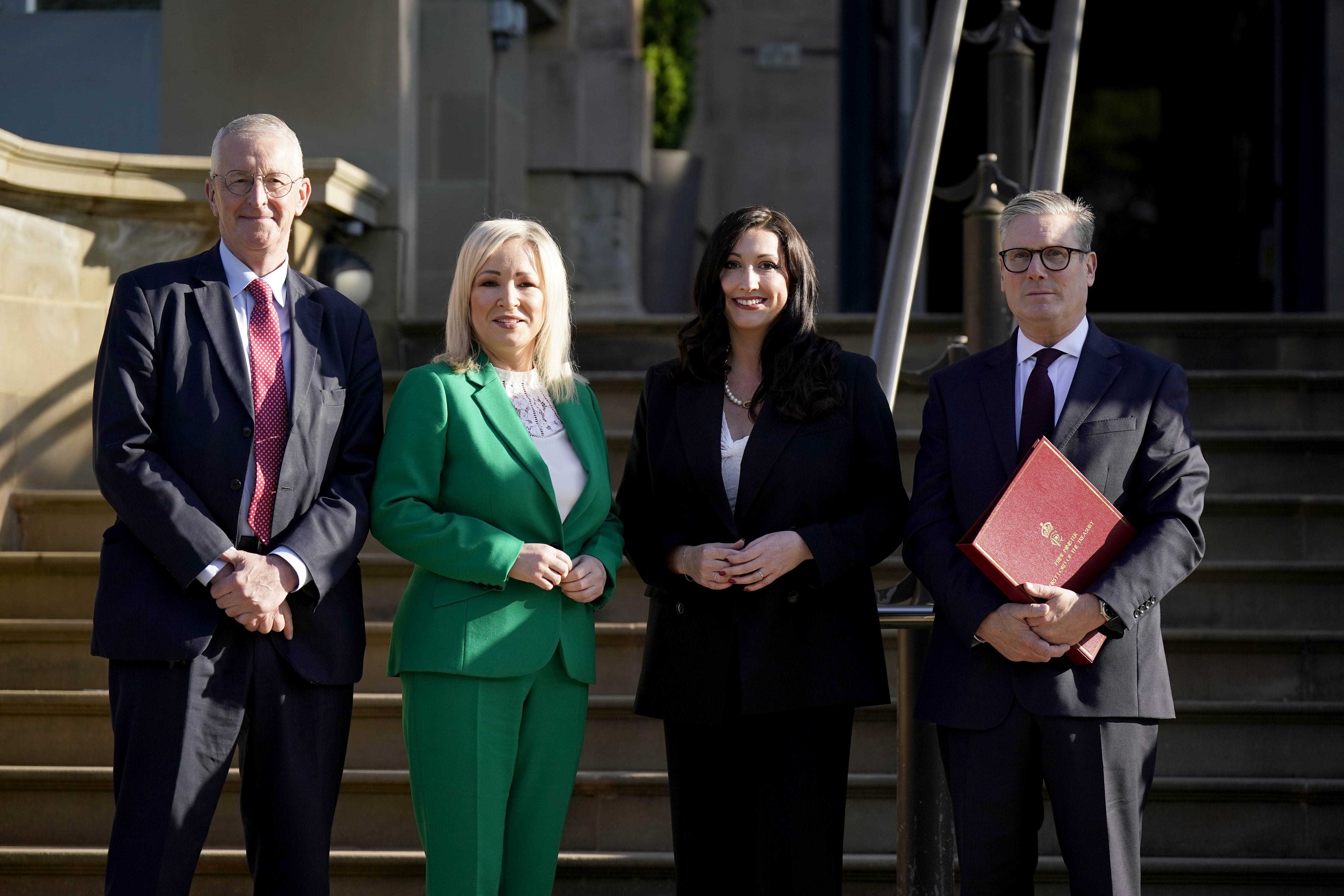 Northern Ireland Secretary Hilary Benn, First Minister Michelle O’Neill, deputy First Minister Emma Little-Pengelly and Prime Minister Sir Keir Starmer at Stormont Castle (Niall Carson/PA)