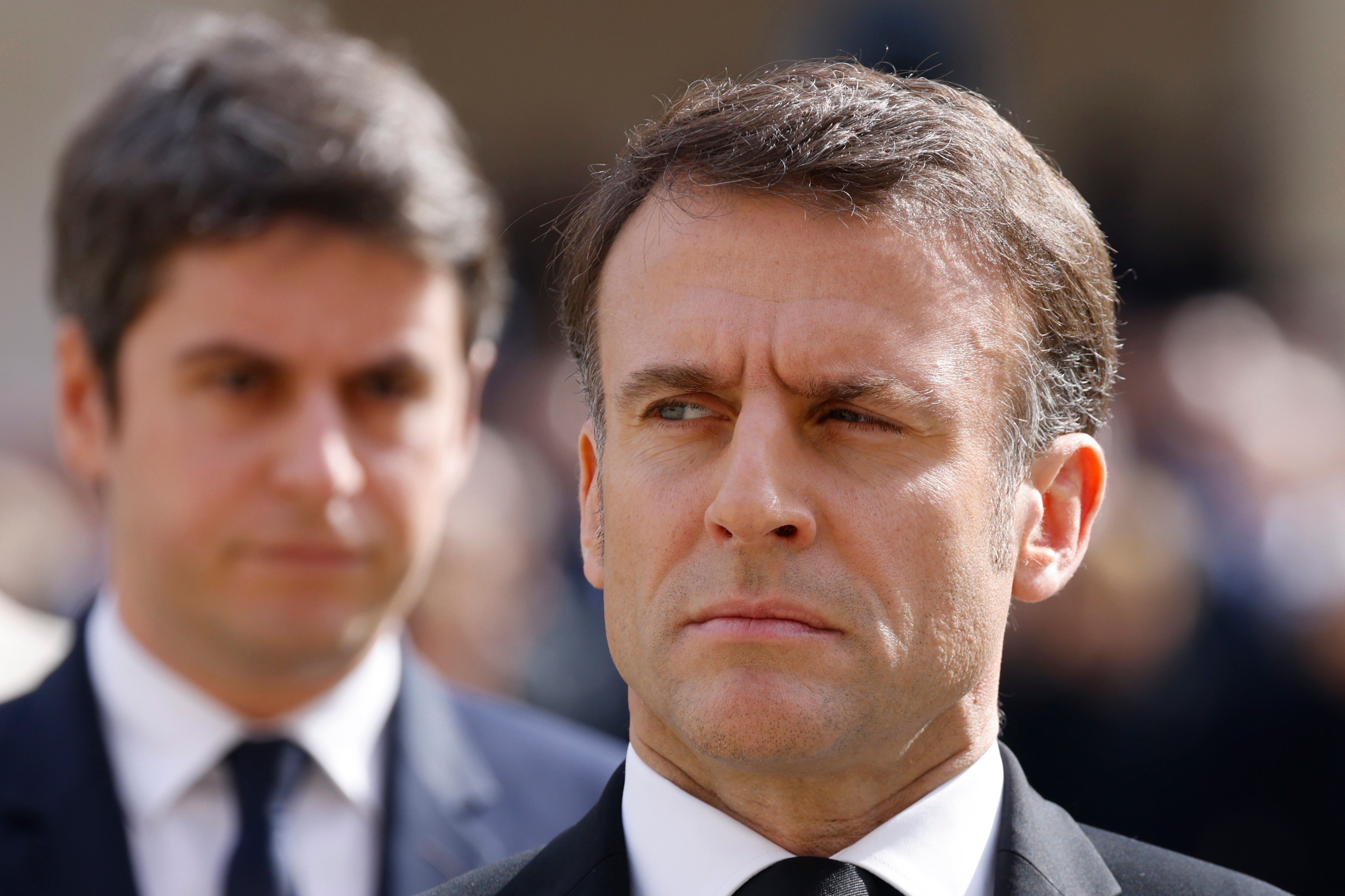 French Prime Minister Gabriel Attal, left, and French President Emmanuel Macron