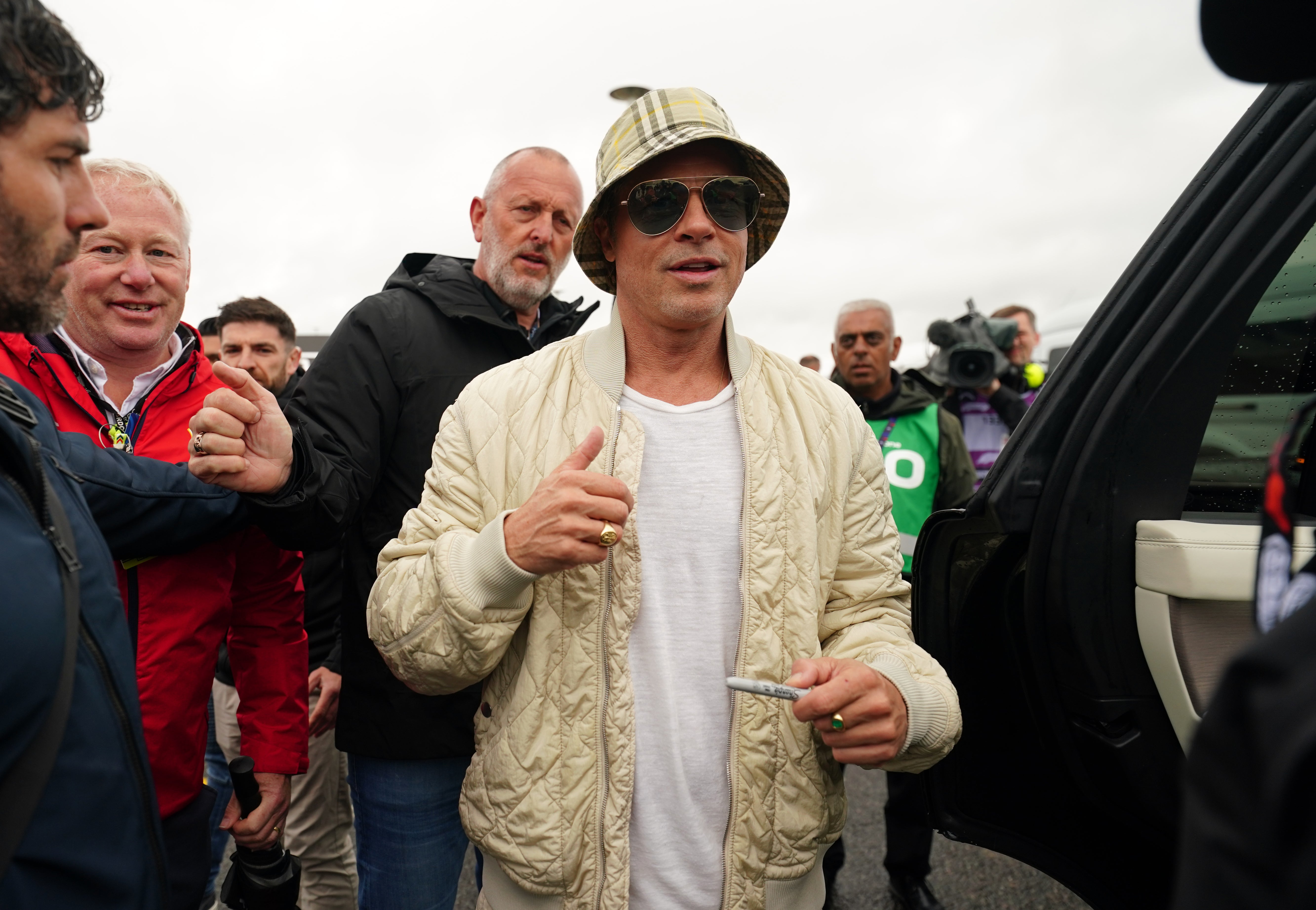 Pitt arrived on Saturday in the same fashion formula with a similar Burberry bucket hat and aviator (Pitt arrived on Saturday in the same fashion formula with a similar Burberry bucket hat and aviator (David Davies/PA)