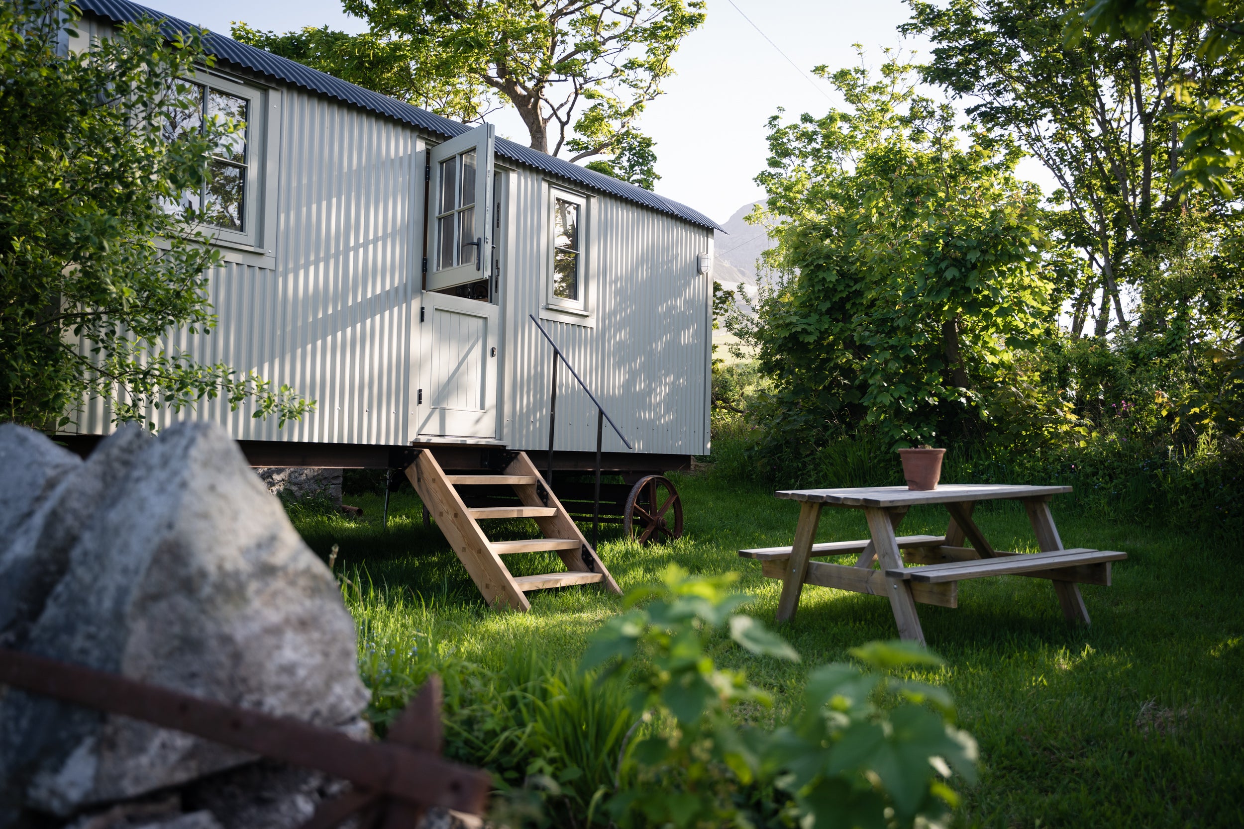 One of three shepherd’s huts at Bert’s Kitchen Garden