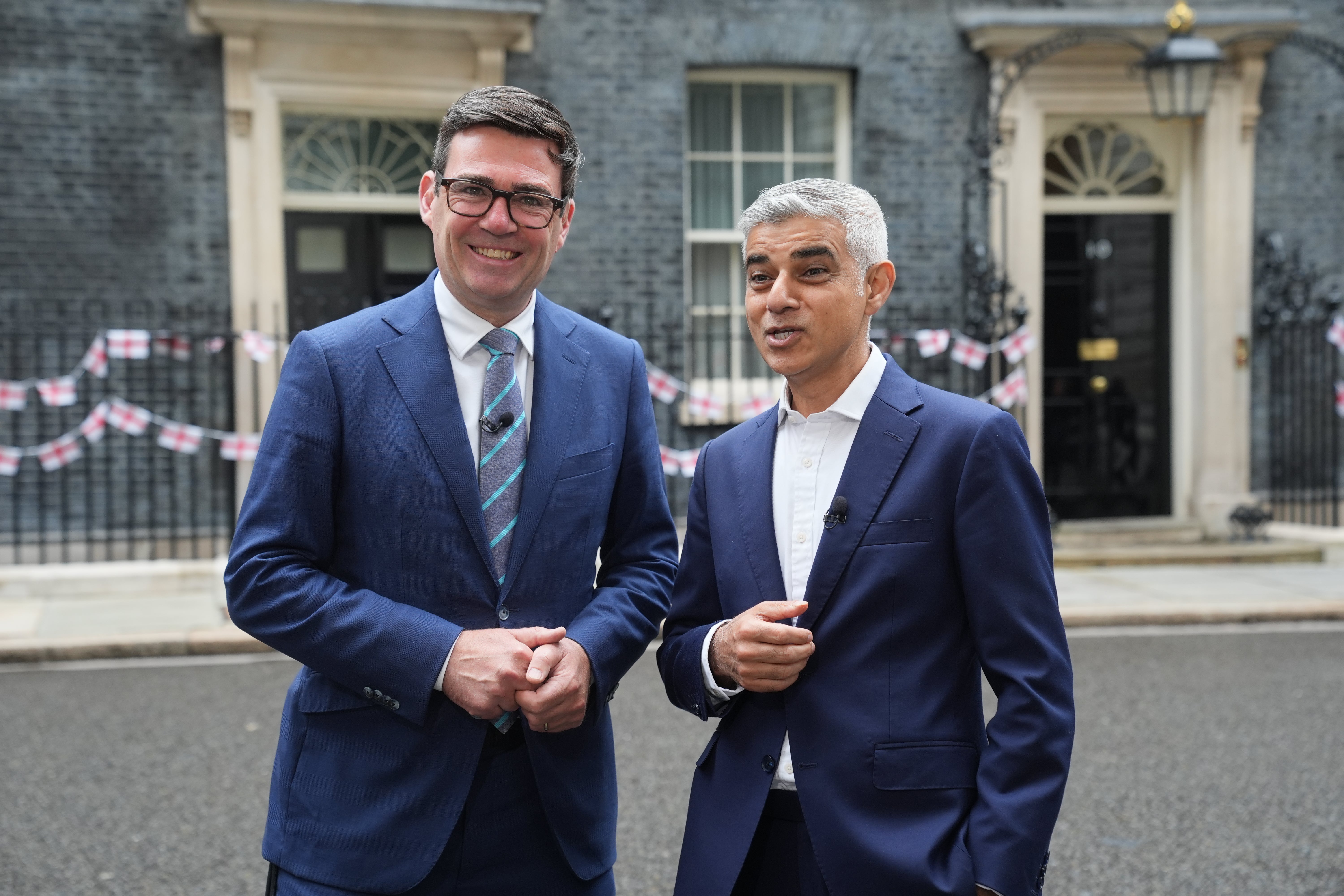 Andy Burnham and Sadiq Khan outside Downing Street after a meeting with Keir Starmer earlier this year