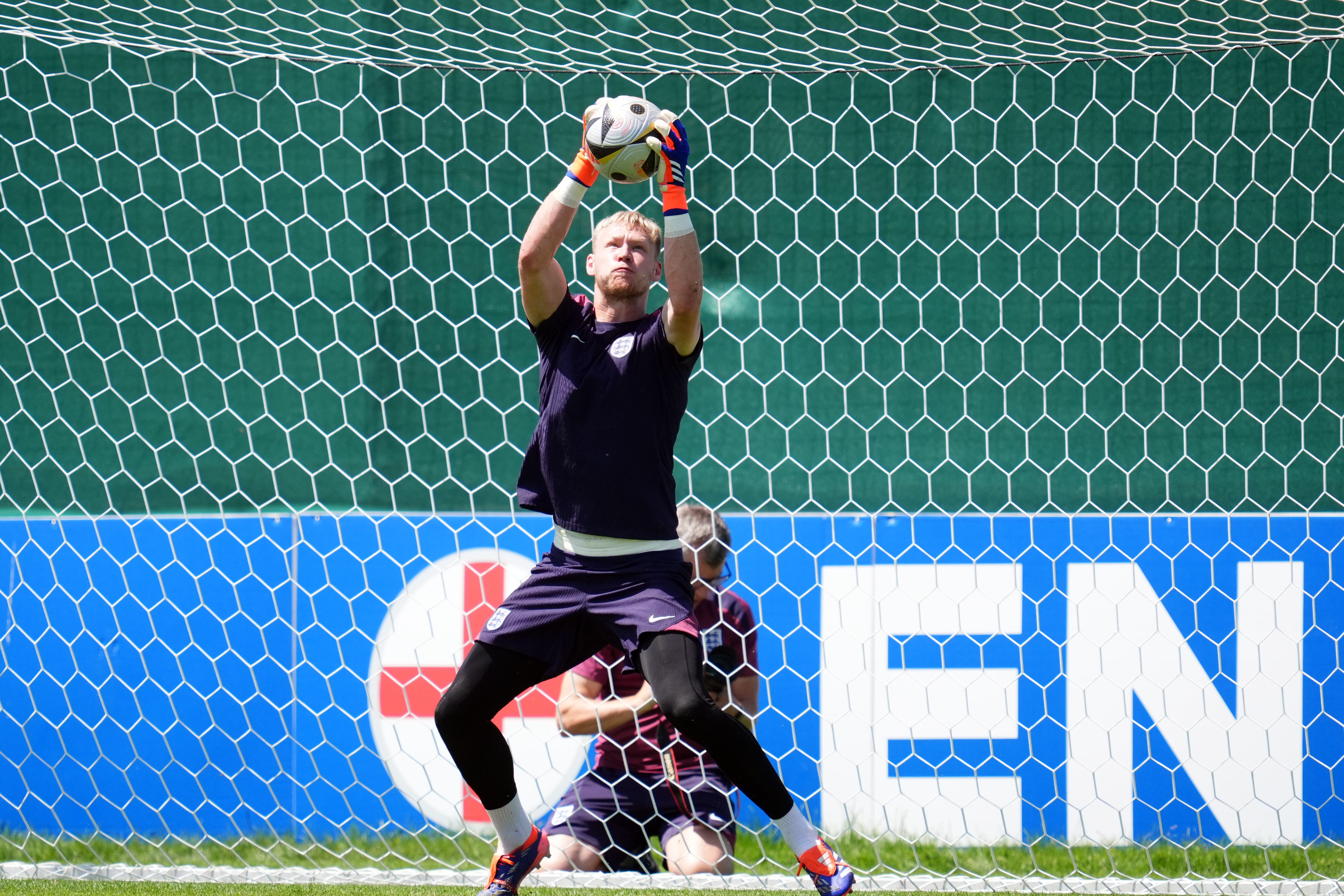 England goalkeeper Aaron Ramsdale trains ahead of the Euro 2024 semi-final (Adam Davy/PA)