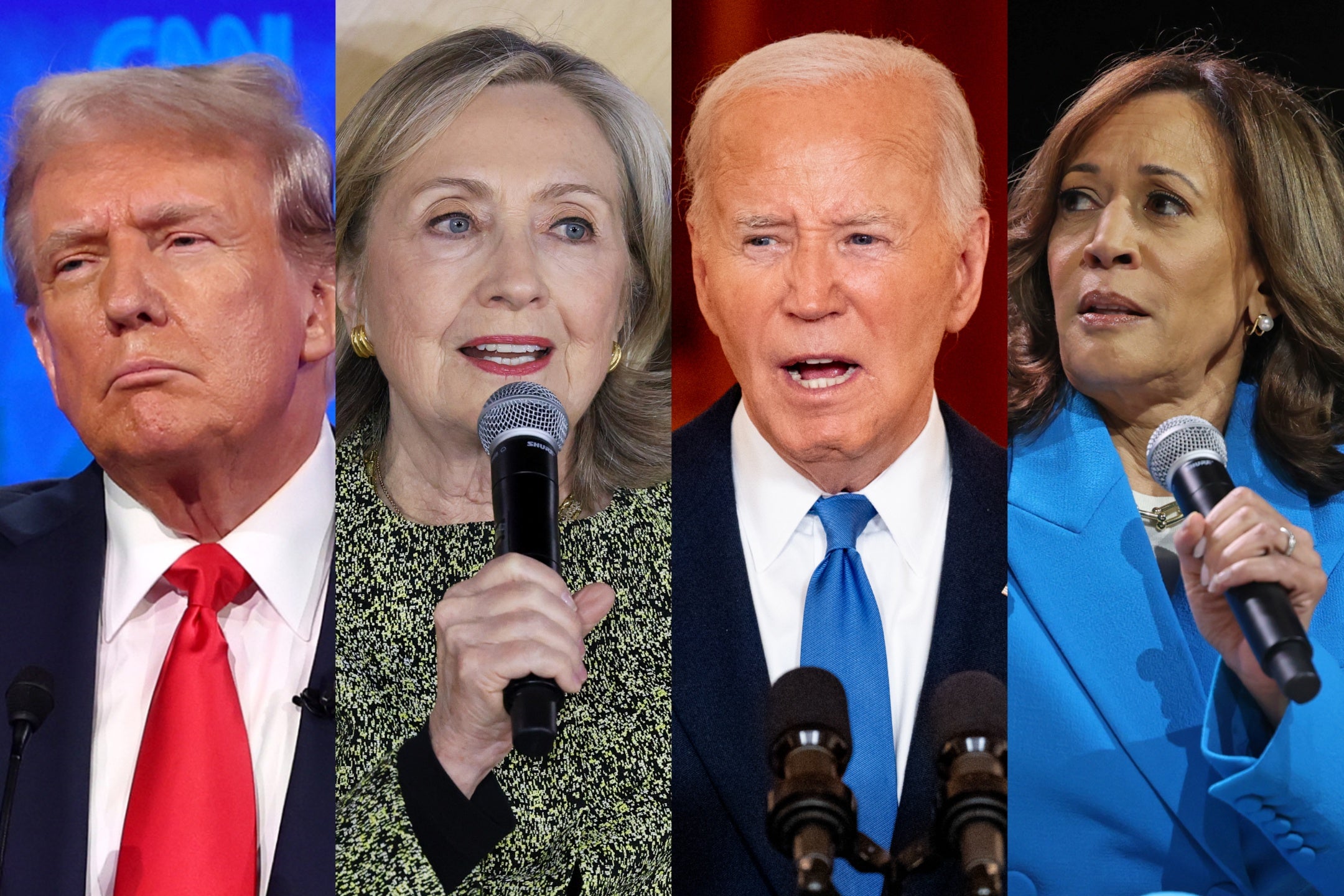 Donald Trump, Hillary Clinton, Joe Biden, and Kamala Harris. Clinton leads Trump by two points in new poll