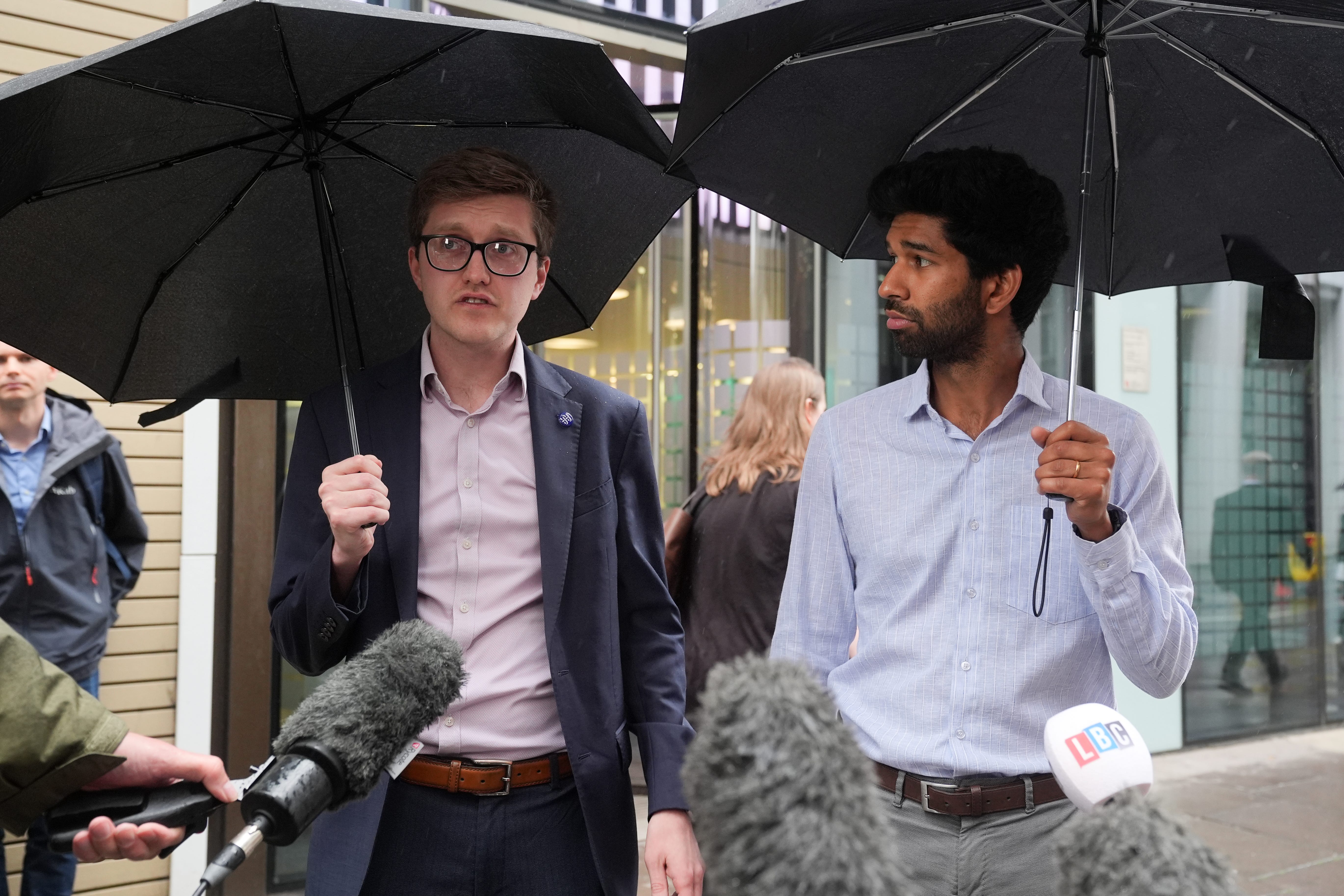 Dr Robert Laurenson (left) and Vivek Trivedi (right), the co-chairmen of the BMA’s junior doctors’ committee, speak to the media after leaving the Department for Health in central London, following a meeting with Health Secretary Wes Streeting to discuss their pay dispute (Lucy North/PA)