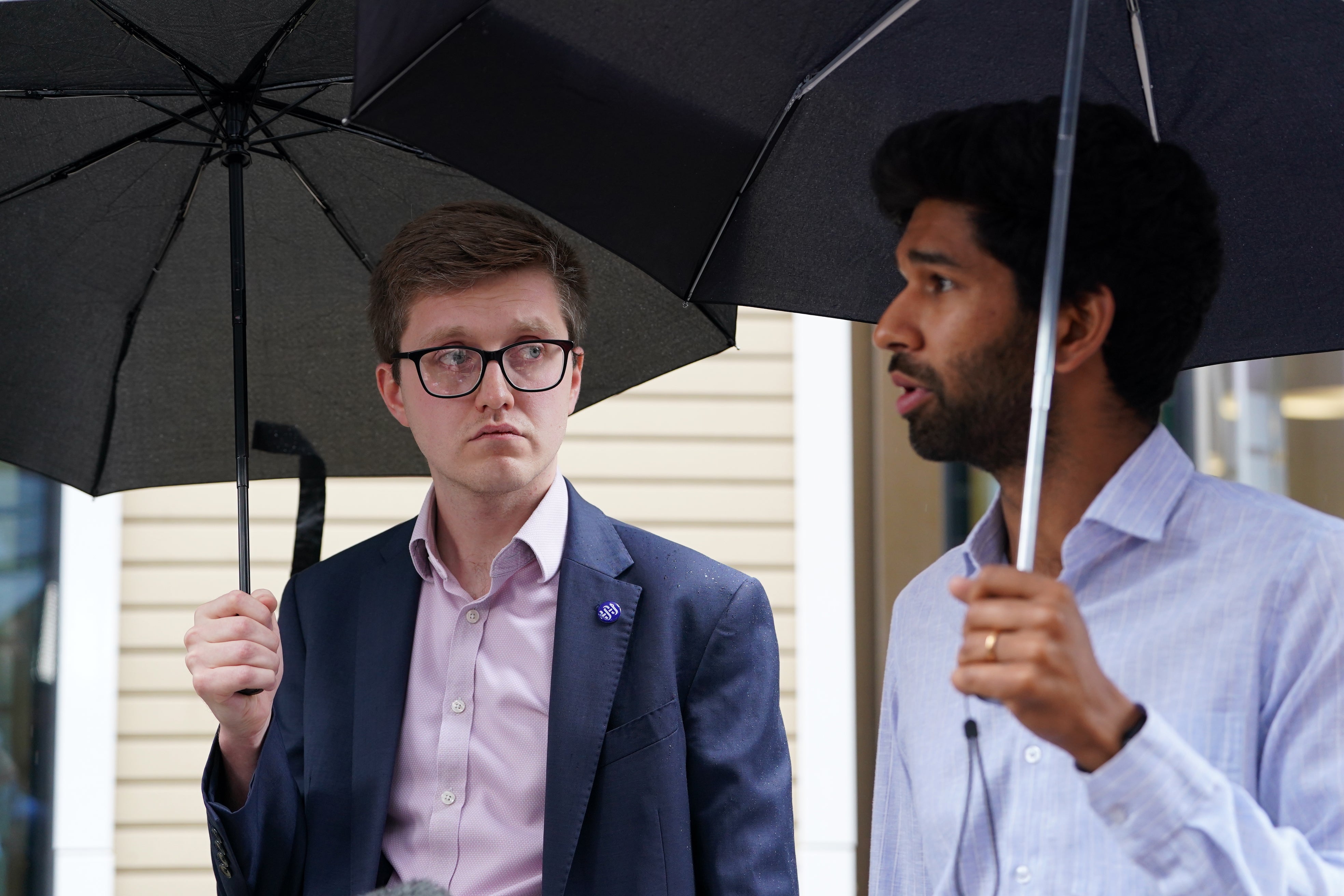 Dr Robert Laurenson (left) and Vivek Trivedi, the co-chairmen of the BMA’s junior doctors’ committee, spoke to the media after leaving the Department for Health (Lucy North/PA)