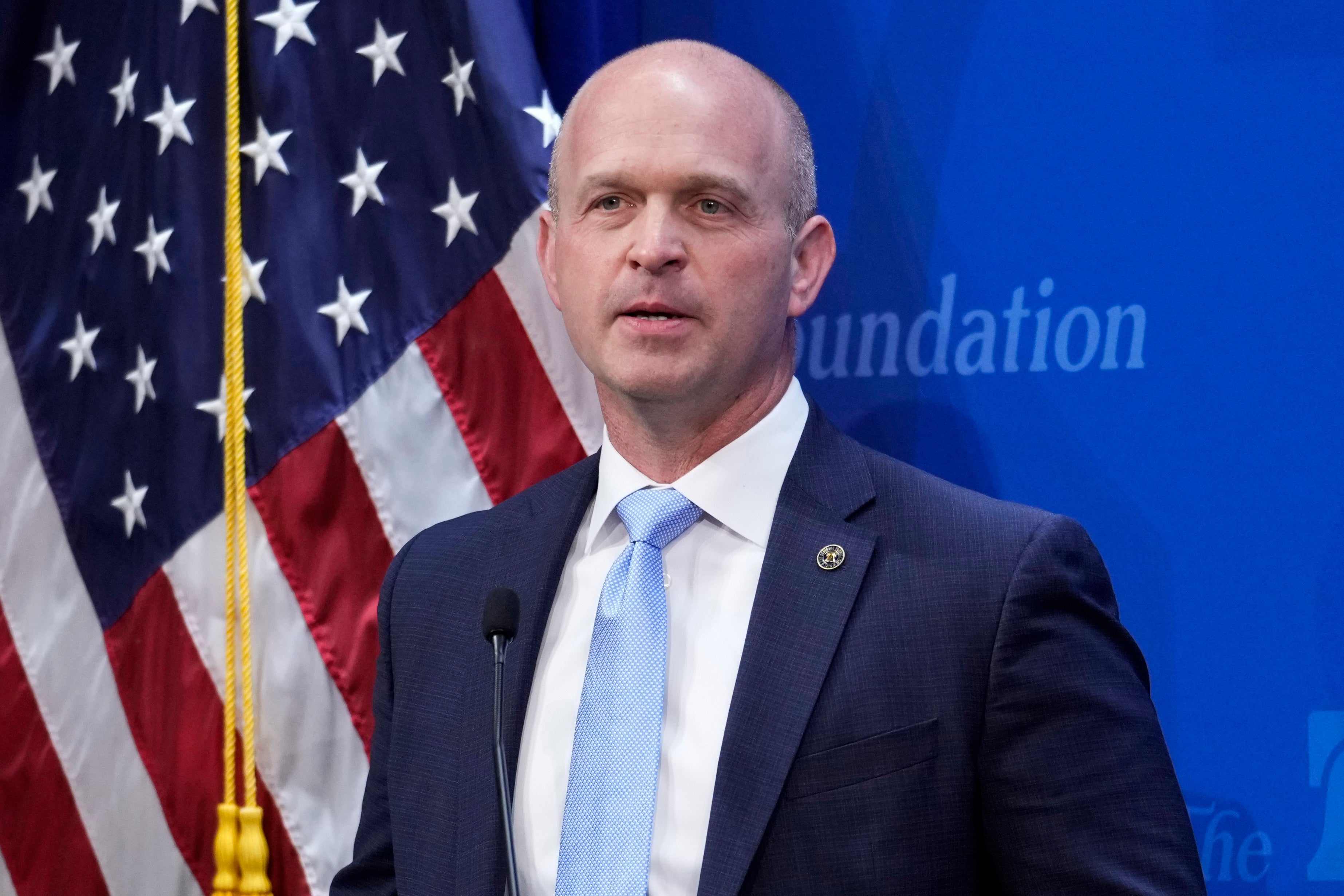 Kevin Roberts, president of the Heritage Foundation, speaks in Washington, April 12, 2023