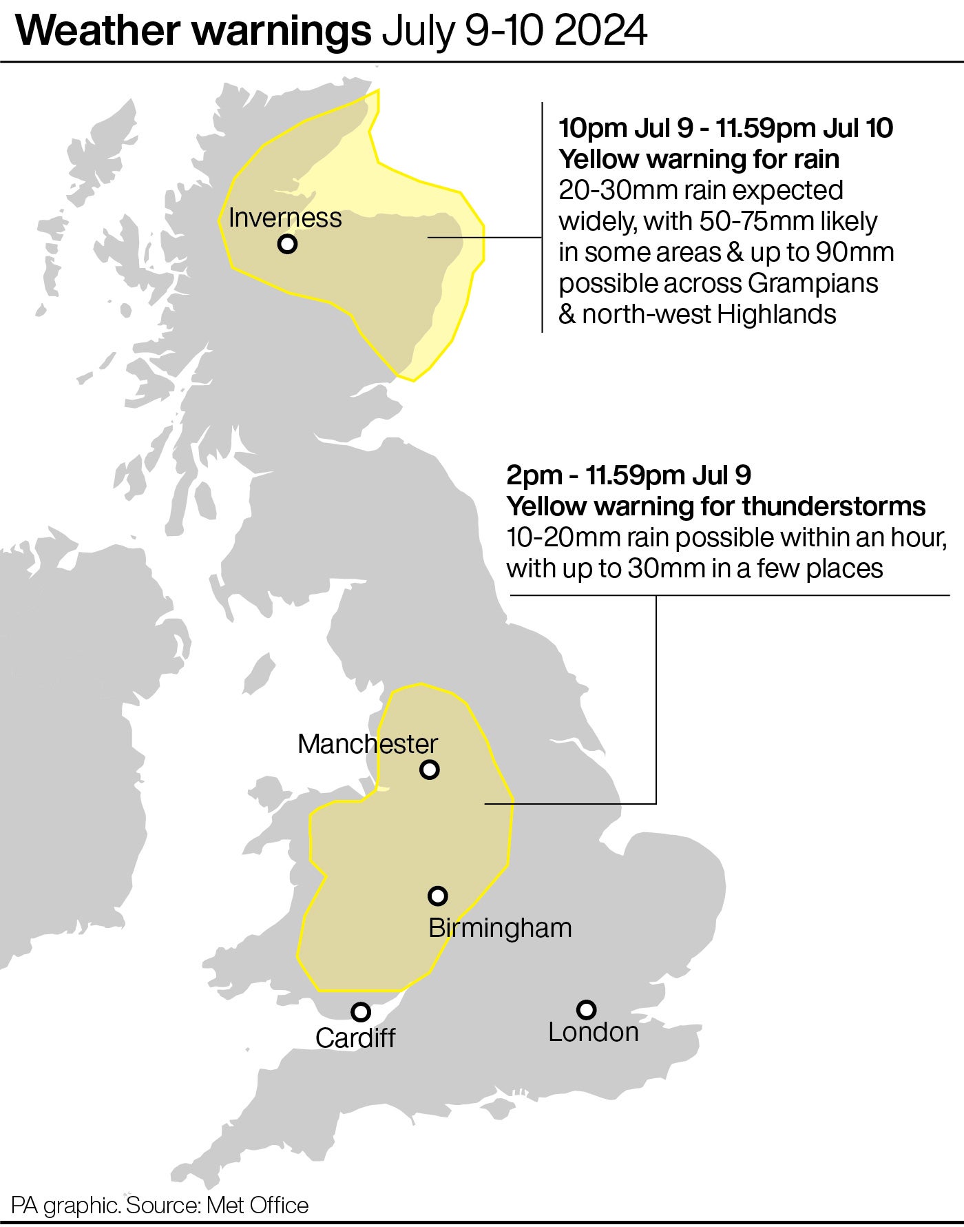 Two yellow weather warnings will be in place across Tuesday and Wednesday