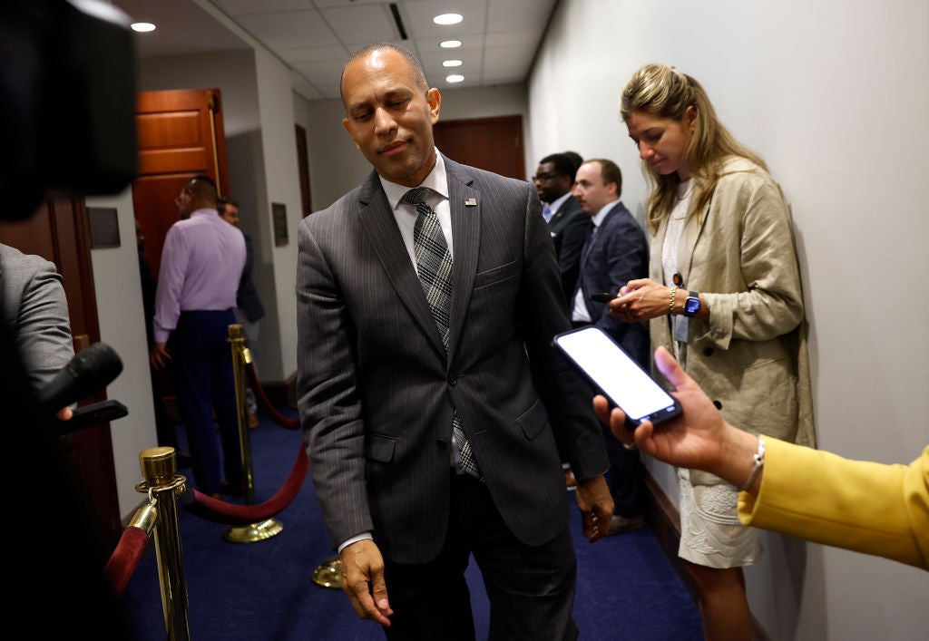 House Democratic leader Hakeem Jeffries speaks with reporters after leaving a meeting of his caucus on Monday, July 8.