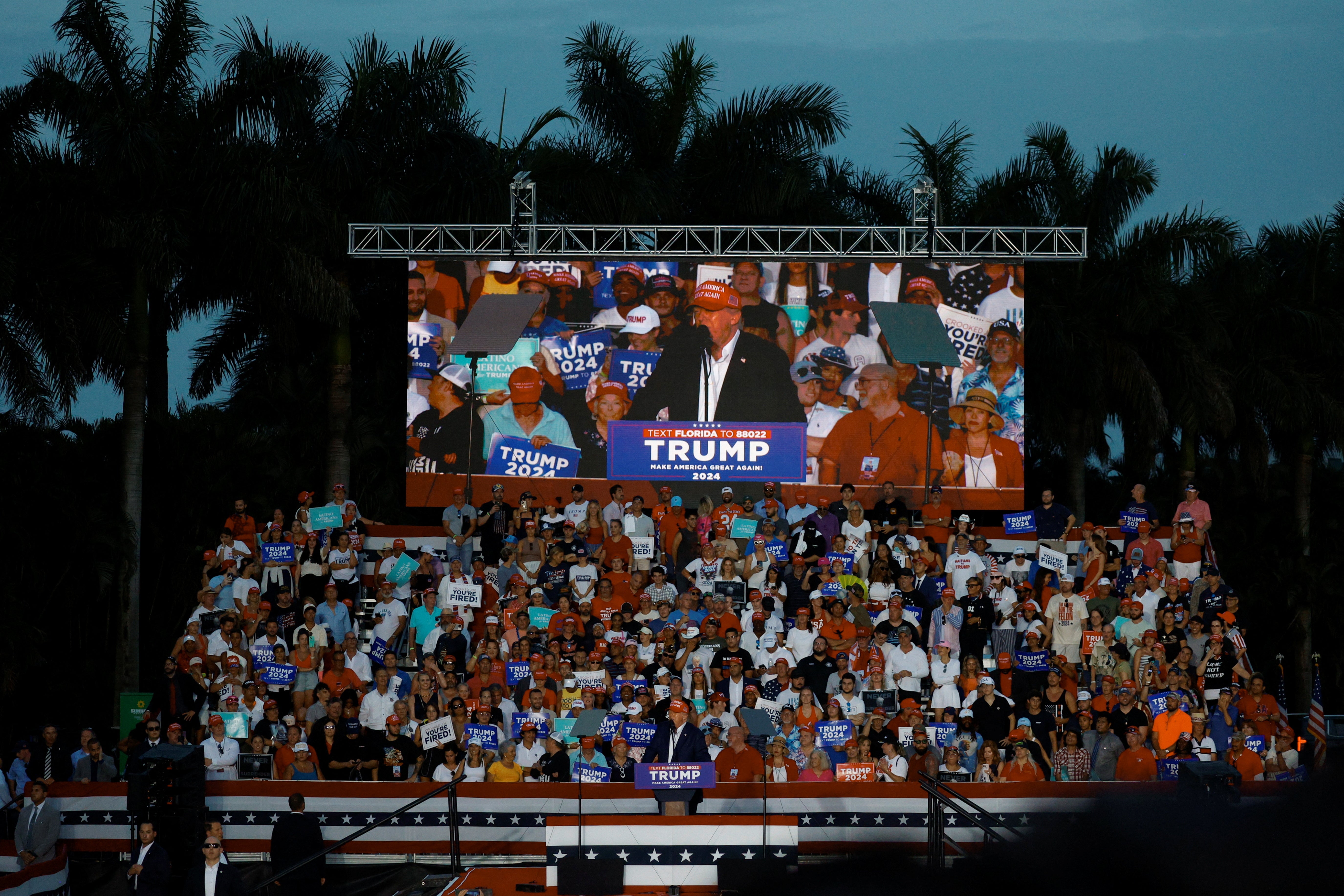 The former president took to the stage at Trump National Doral Golf Club in Miami, Florida – which he described as ‘one of the greatest golf courses on Earth,’ shortly after 8pm eastern on Tuesday