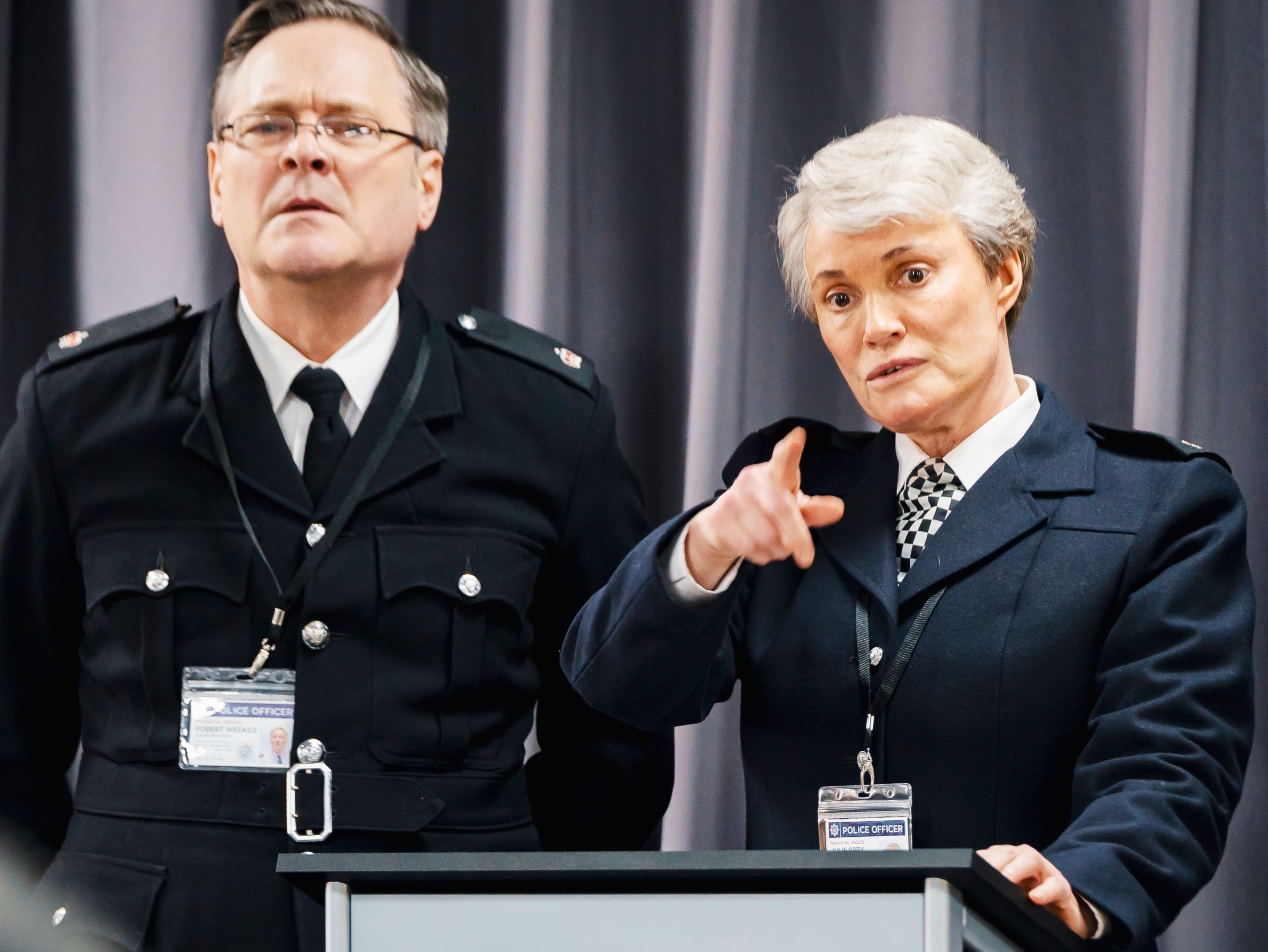 Mark Heap as Superintendent Bob Weekes and Sarah Parish as Superintendent Julie Spry