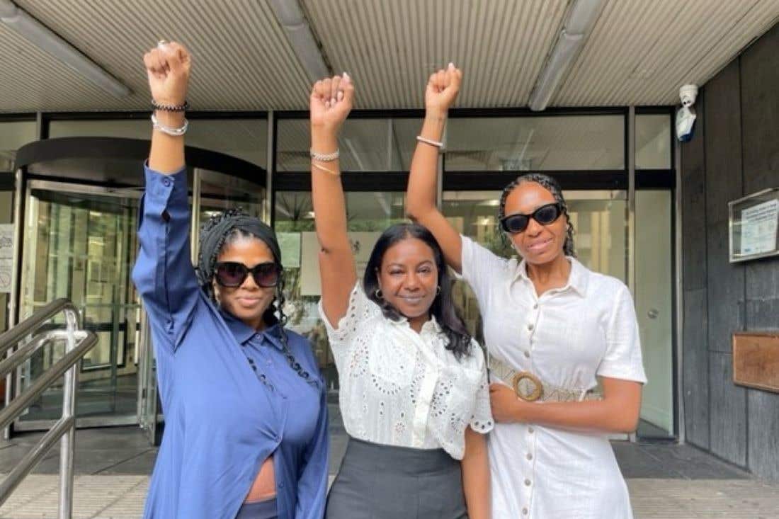 From left, Danae Thomas, Selma Taha, and Divina Riggon, outside Highbury Corner Magistrates’ Court after the case against them was formally ‘discontinued’ (Ted Hennessey/PA)