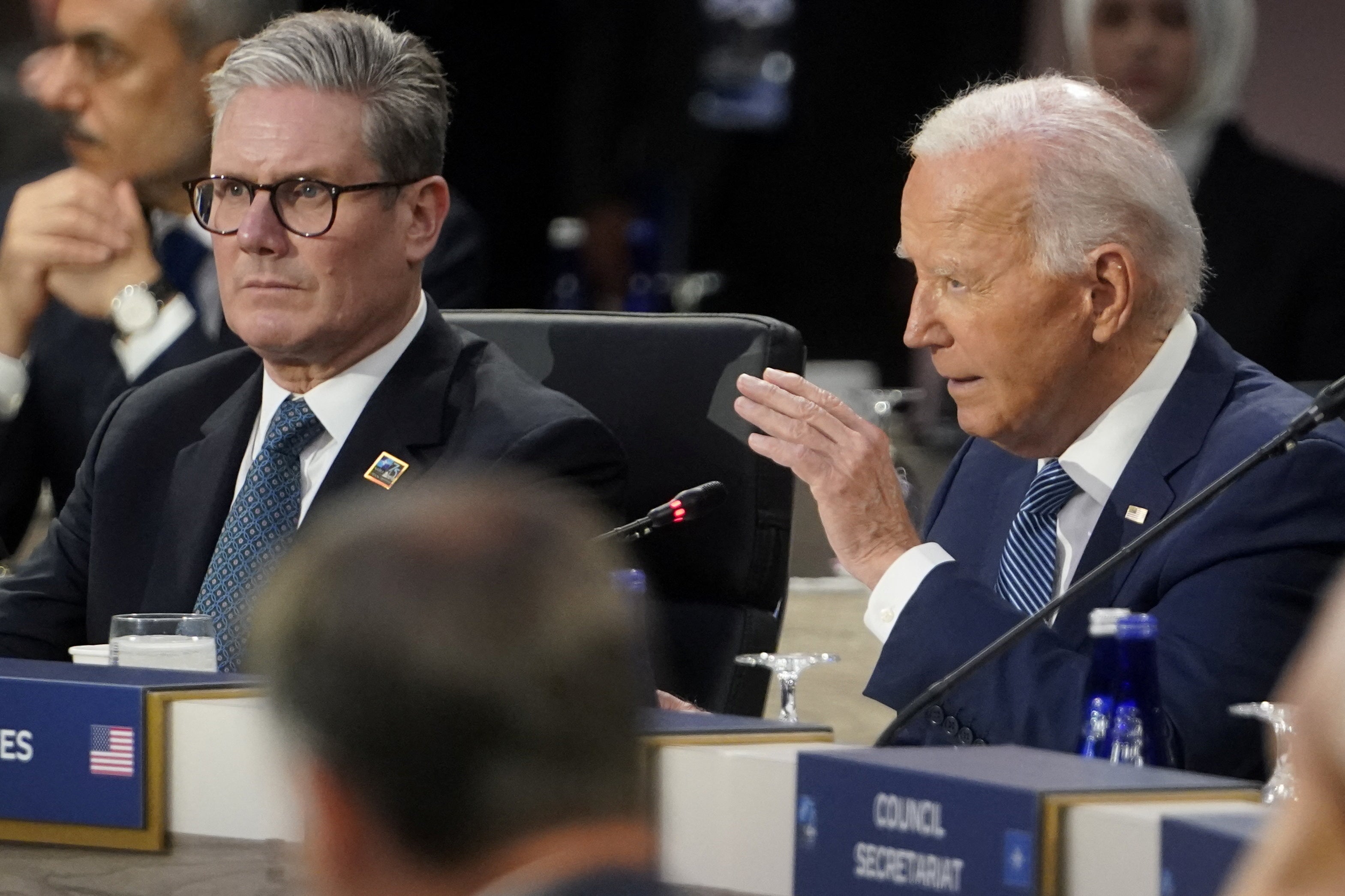 Keir Starmer seated beside Joe Biden at Nato’s 75th anniversary summit in Washington on Wednesday