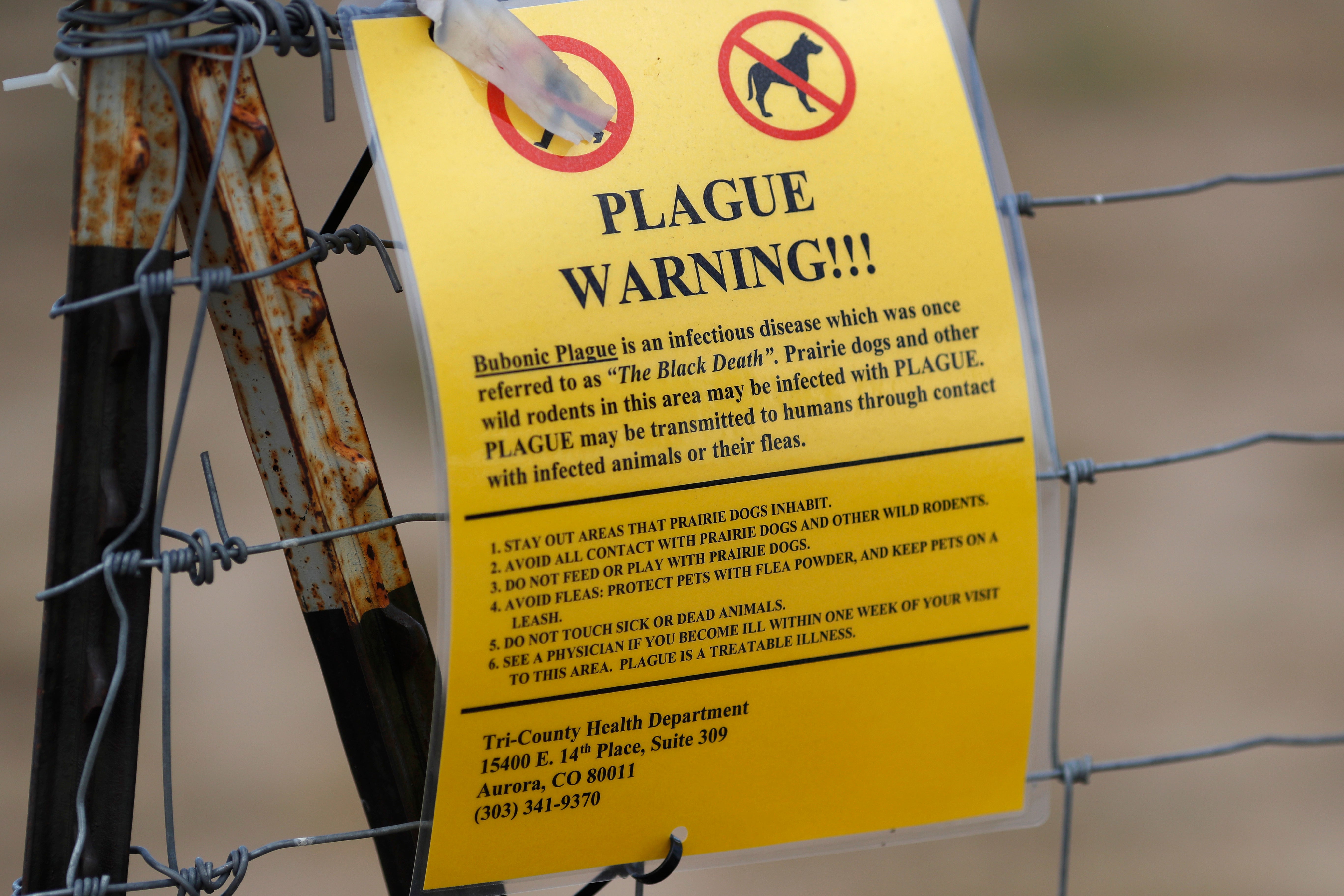 In this 2019 photo, a sign warning of bubonic plague is displayed at a parking lot near the Rocky Mountain Arsenal Wildlife Refuge in Commerce City