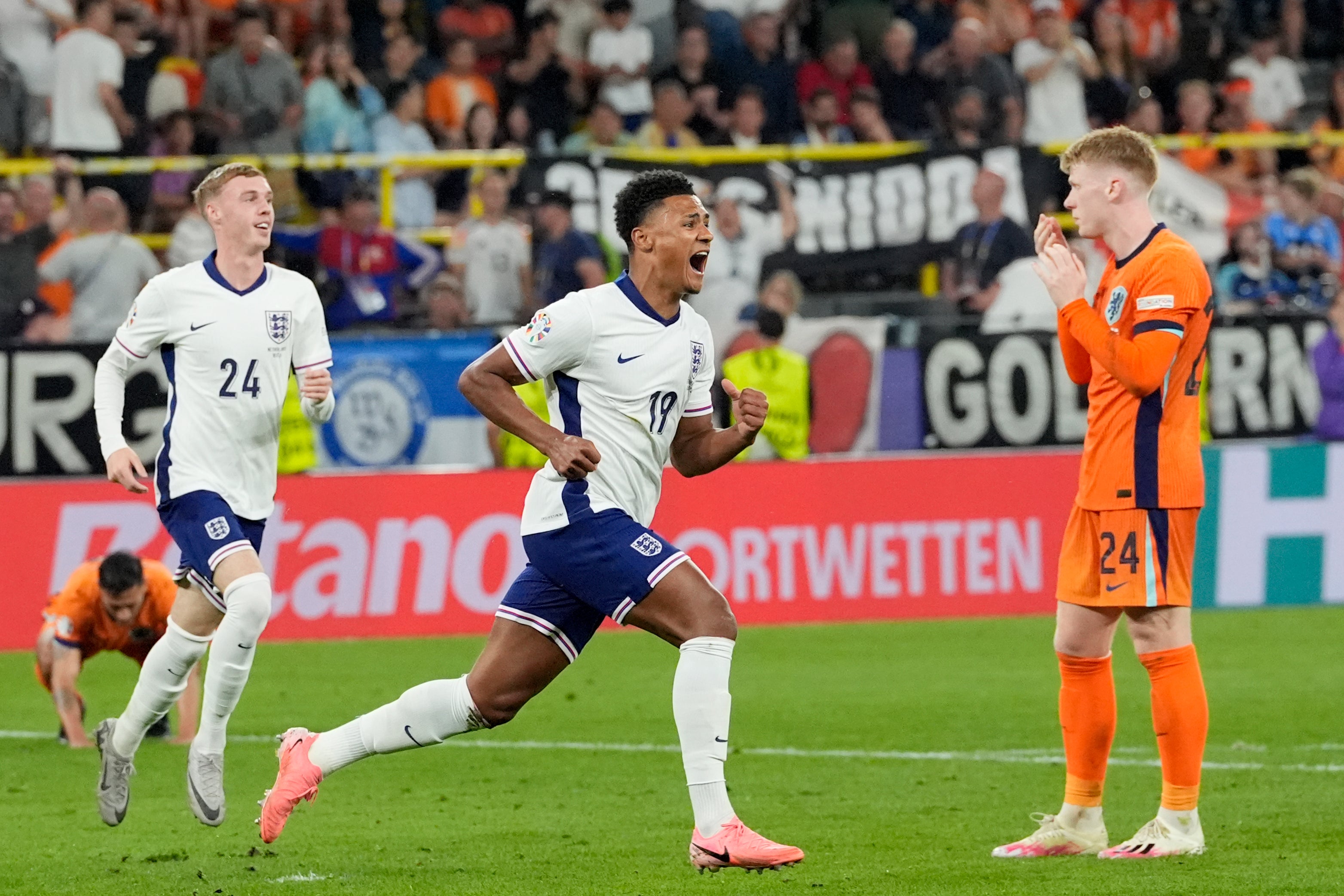 Ollie Watkins celebrates after scoring the late winner for England