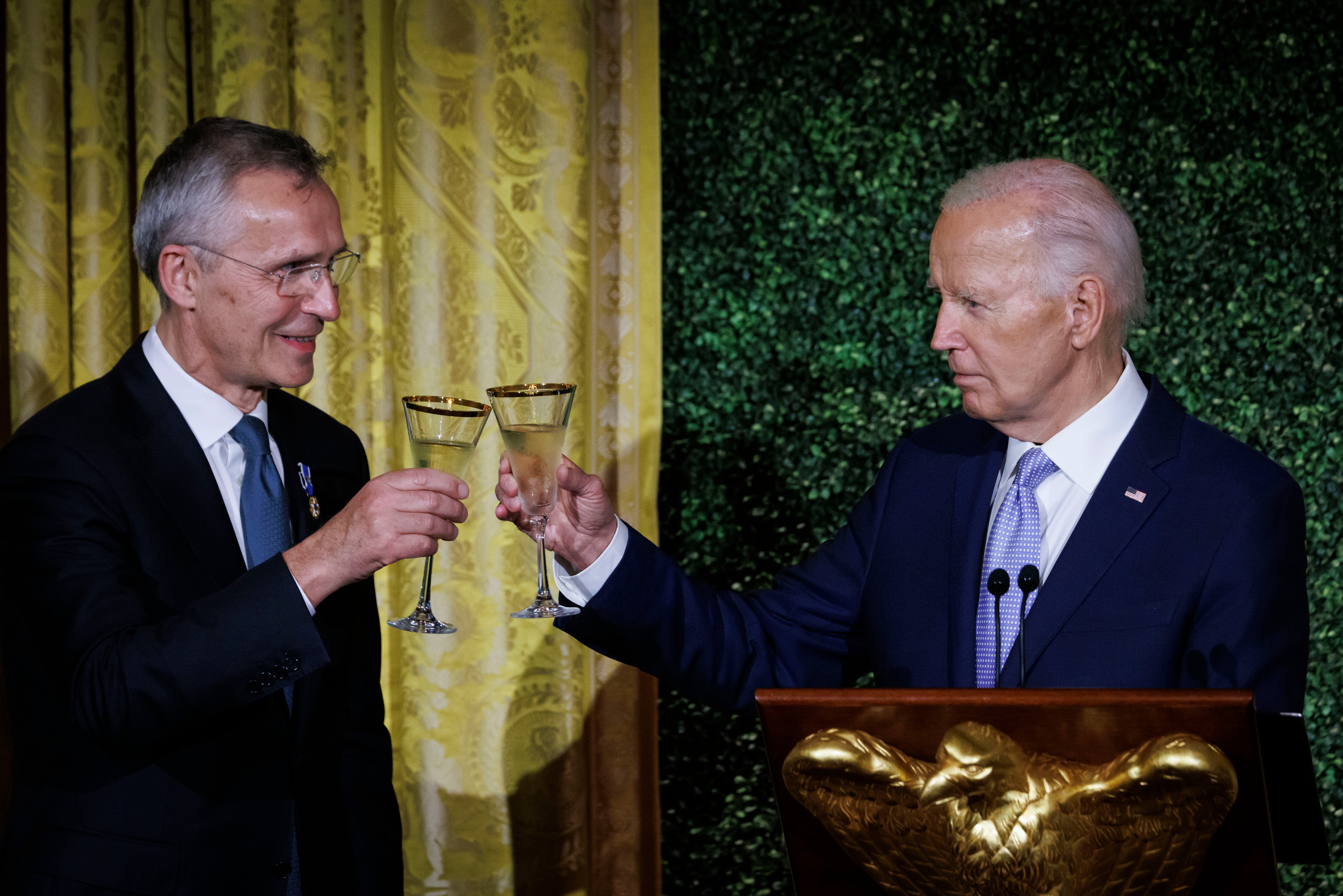 US president Joe Bide with Nato chief Jens Stoltenberg at the alliance’s summit, where China was accused of enabling Russia’s invasion of Ukraine