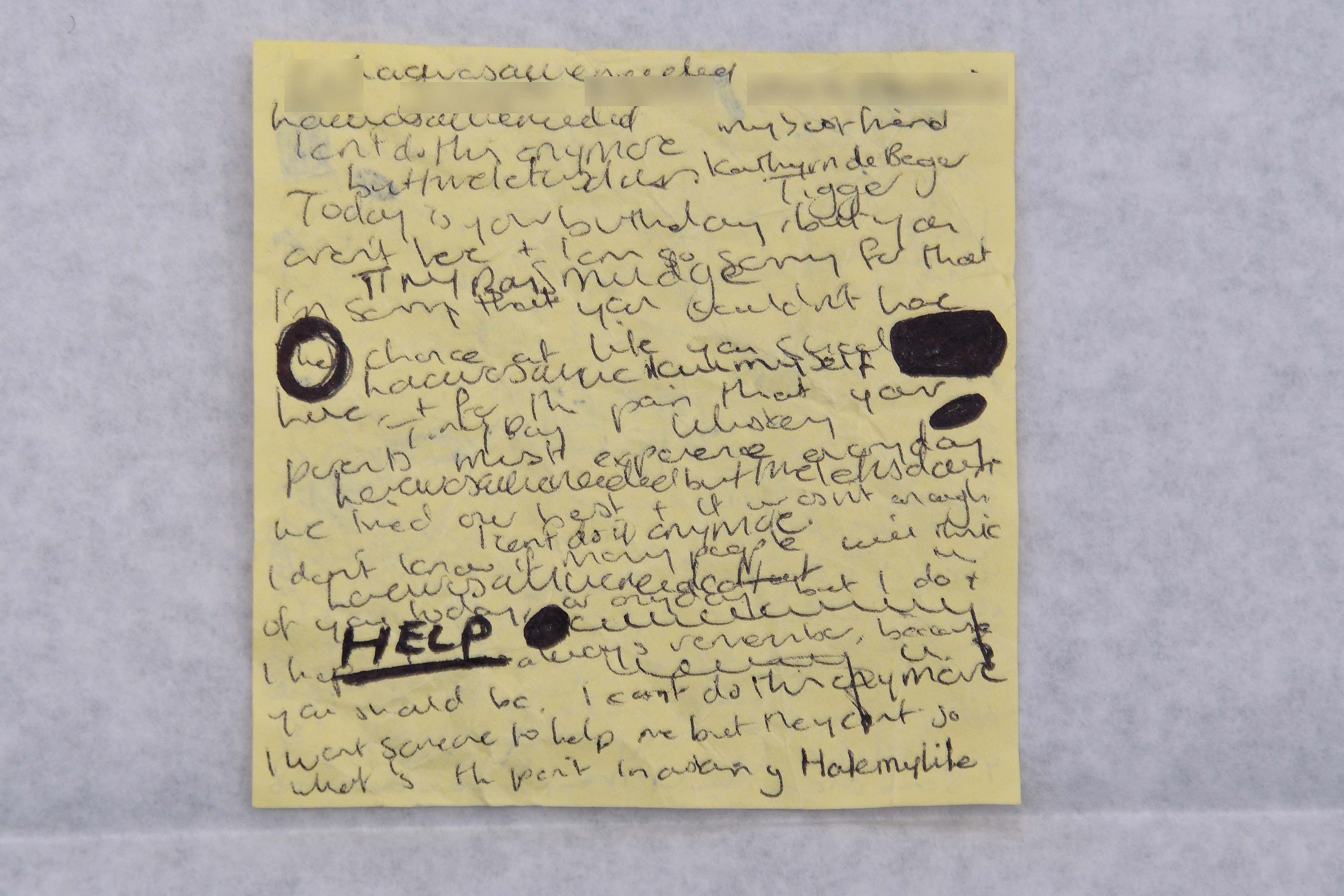 One of the scrawled notes used as evidence in the case