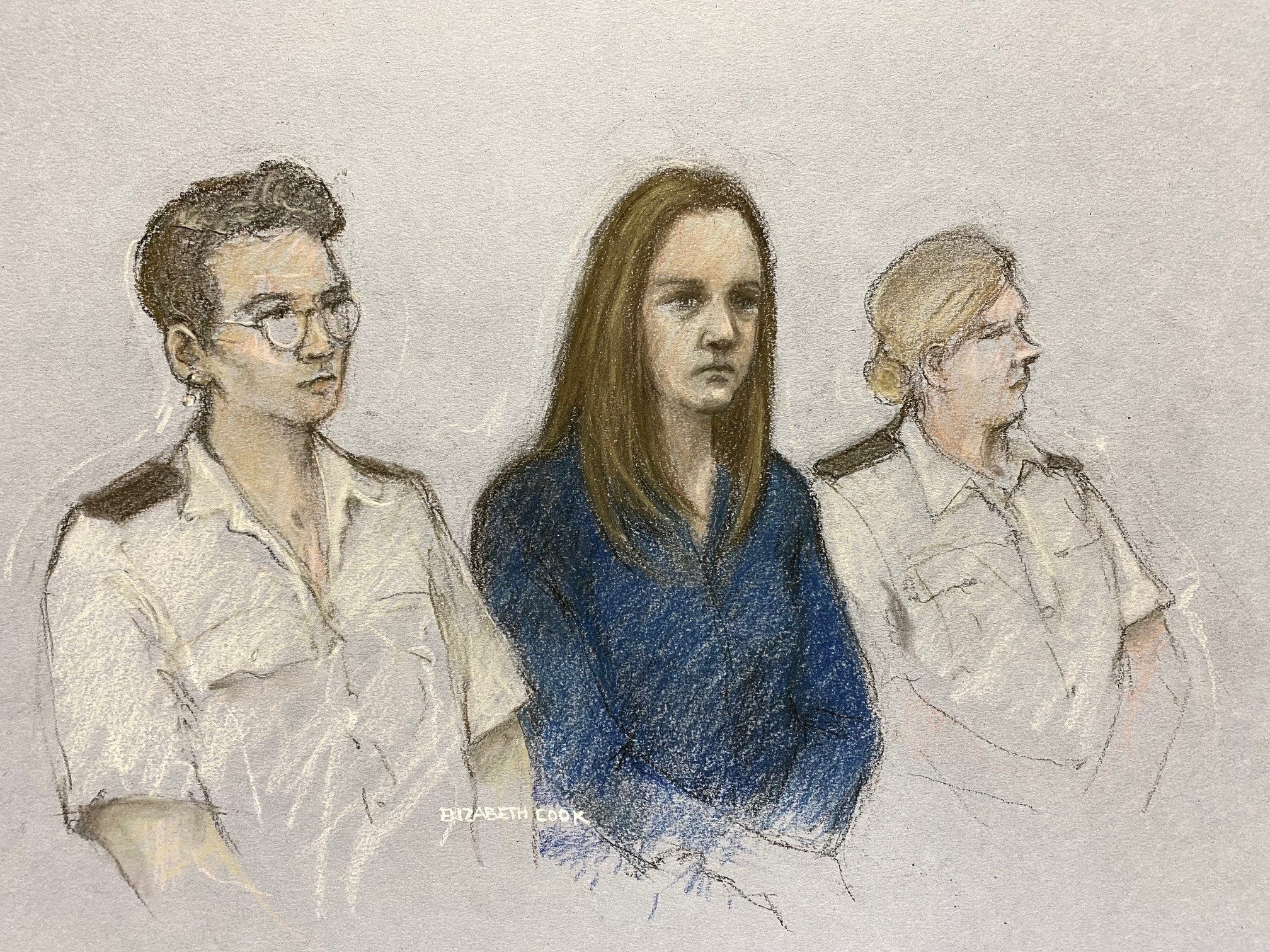 A 2023 court drawing of Letby listening to the verdicts being read at Manchester Crown Court
