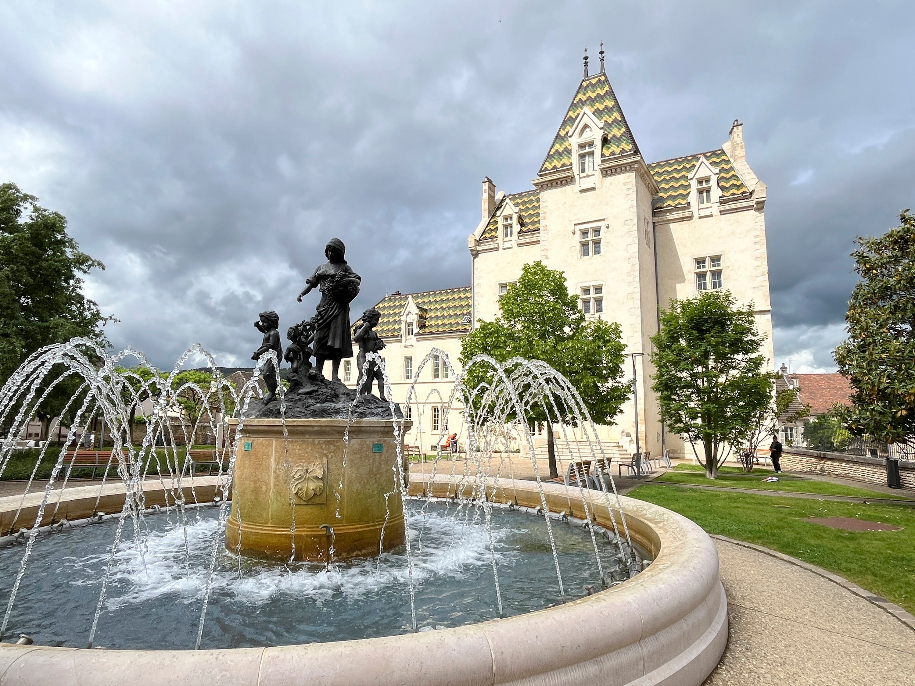 A fountain appears in the village of Meursault on the Voie des Vignes, in the Burgundy region of France