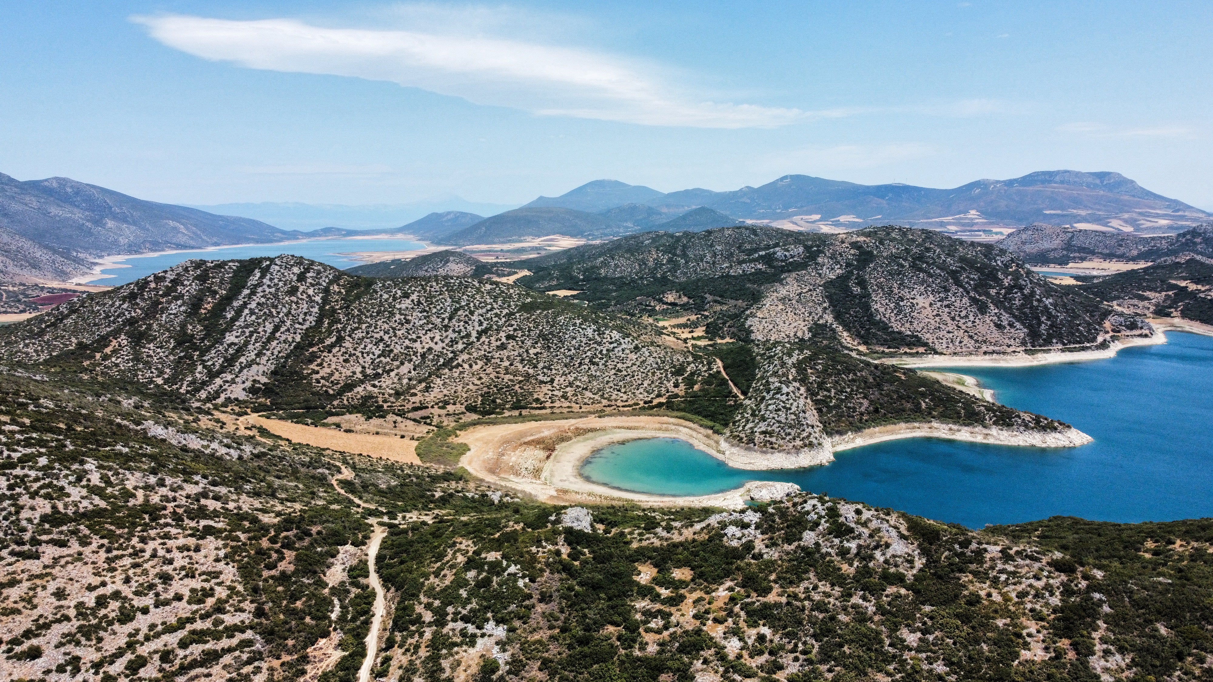 An aerial view shows Lake Yliki with low water level in Boeotia, central Greece