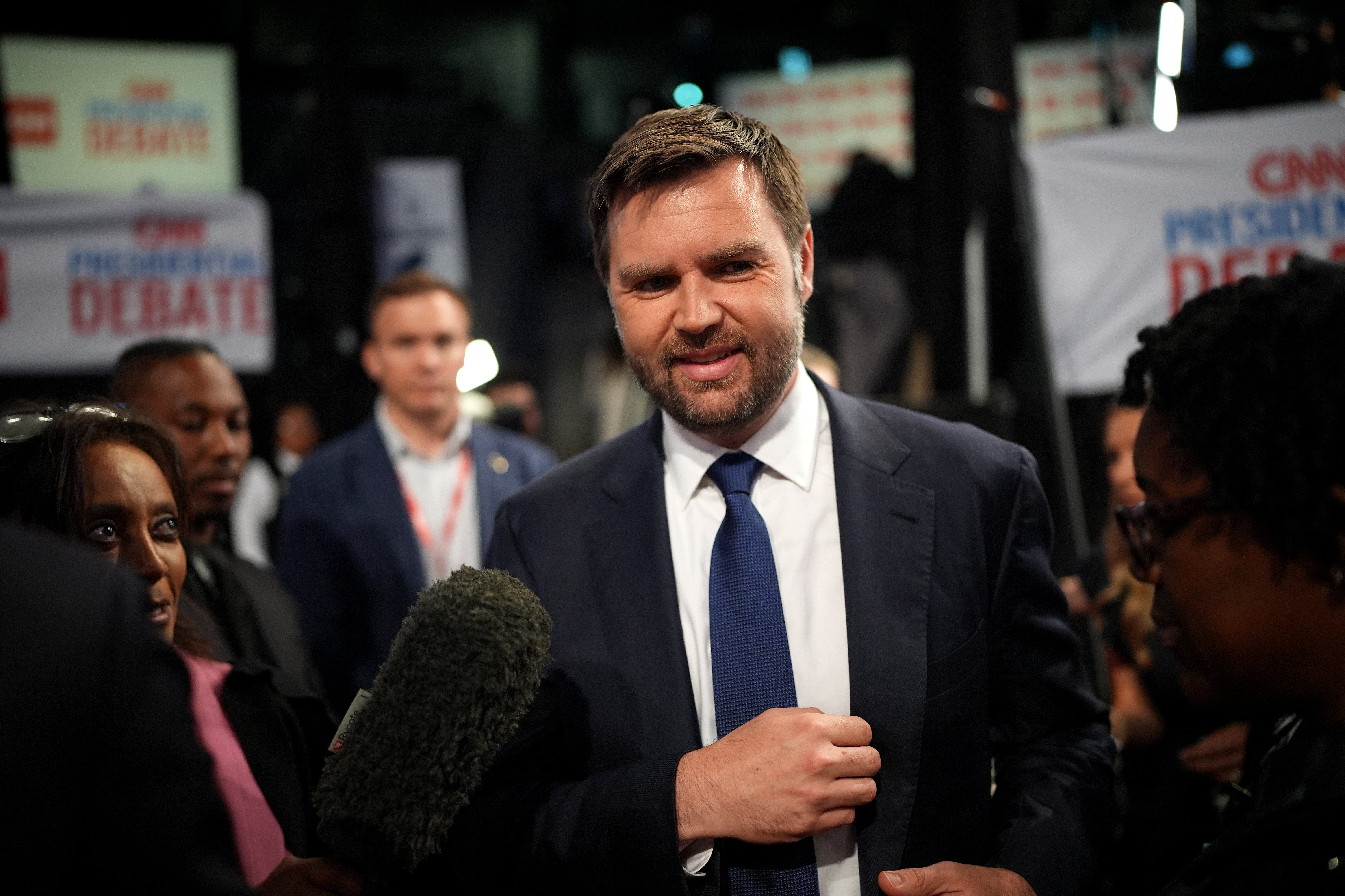 JD Vance speaks to reporters in the spin room following the CNN Presidential Debate between U.S. President Joe Biden and Republican presidential candidate, former U.S. President Donald Trump on June 27. Vance is in the running to be Trump’s VP pick