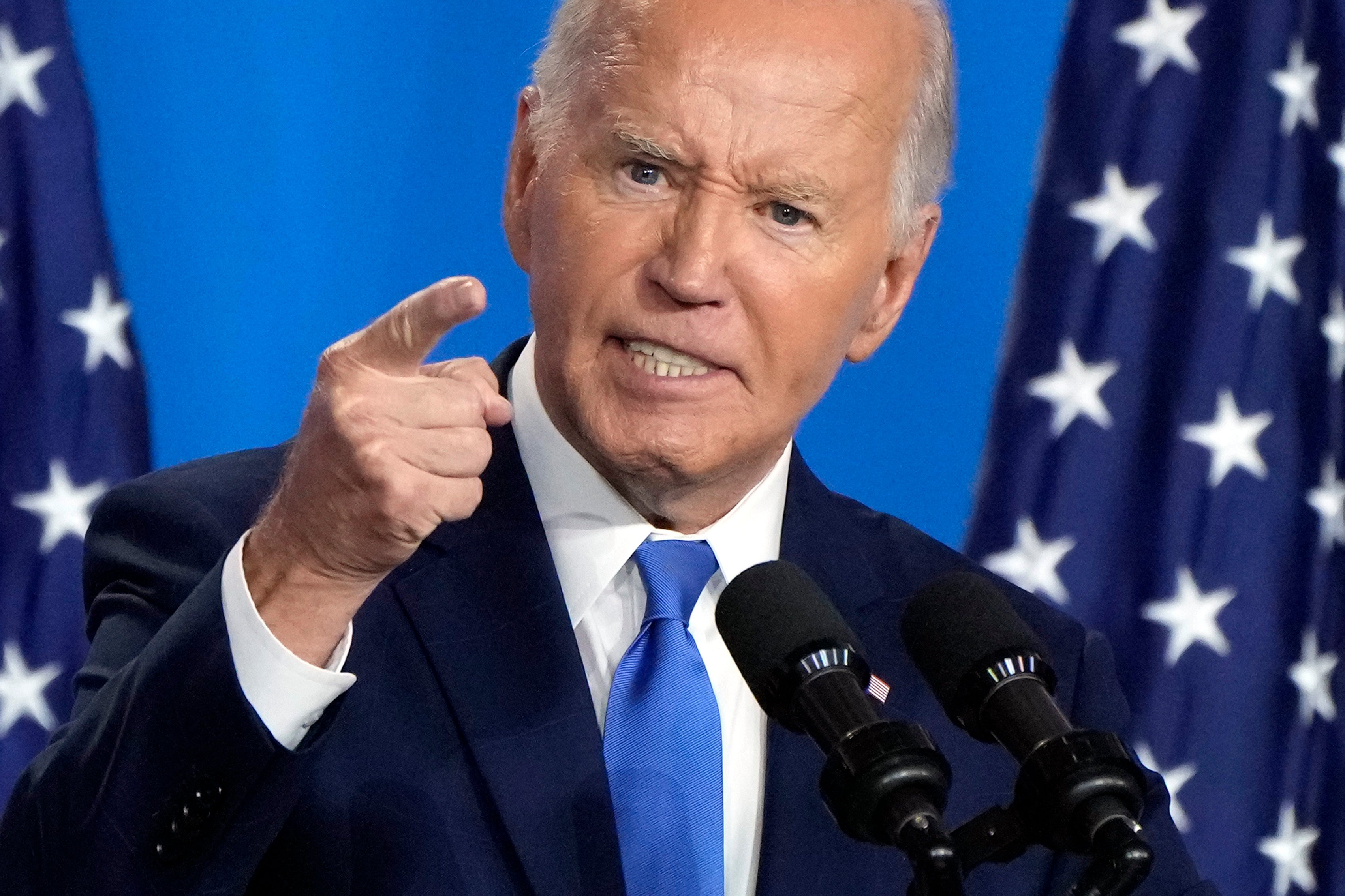 President Joe Biden speaks at a news conference on the final day of the NATO summit in Washington, July 11, 2024. He said he’s staying in the race