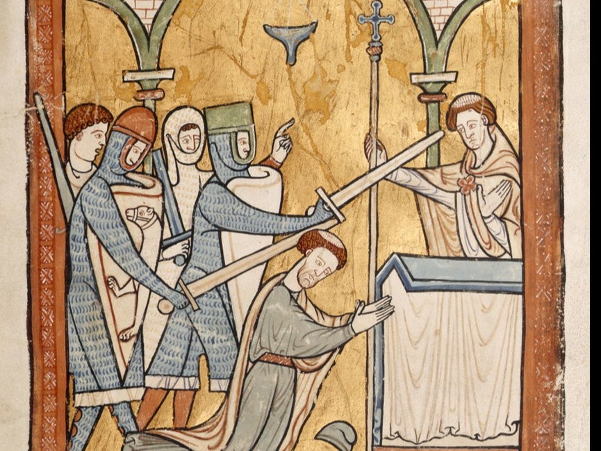 Canterbury was a major pilgrimage centre in medieval times – because one of its archbishops, Thomas Becket, had been murdered at the altar by assassins encouraged by King Henry II. This 13th-century image depicts the event