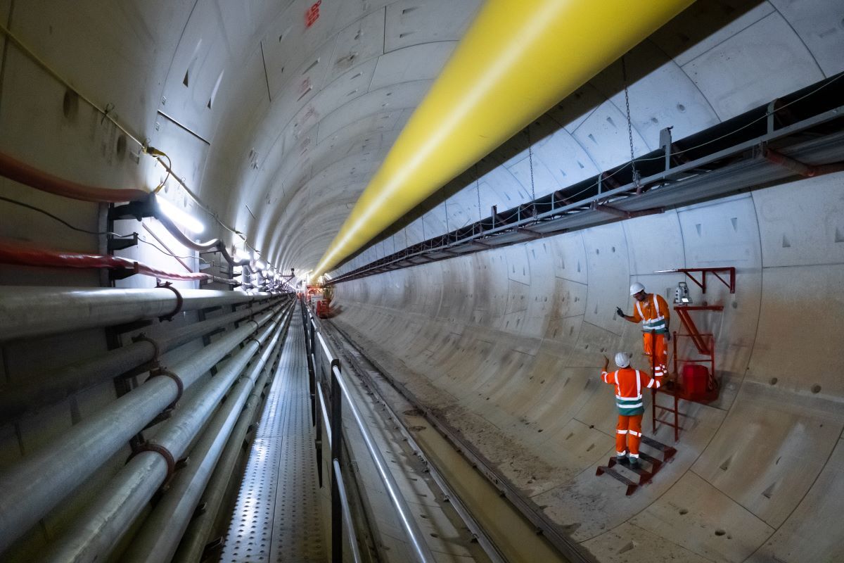 Construction workers inside a Thames Tideway tunnel, that will intercept, store and ultimately transfer sewage waste away from the river Thames. Courtesy of Tideway.