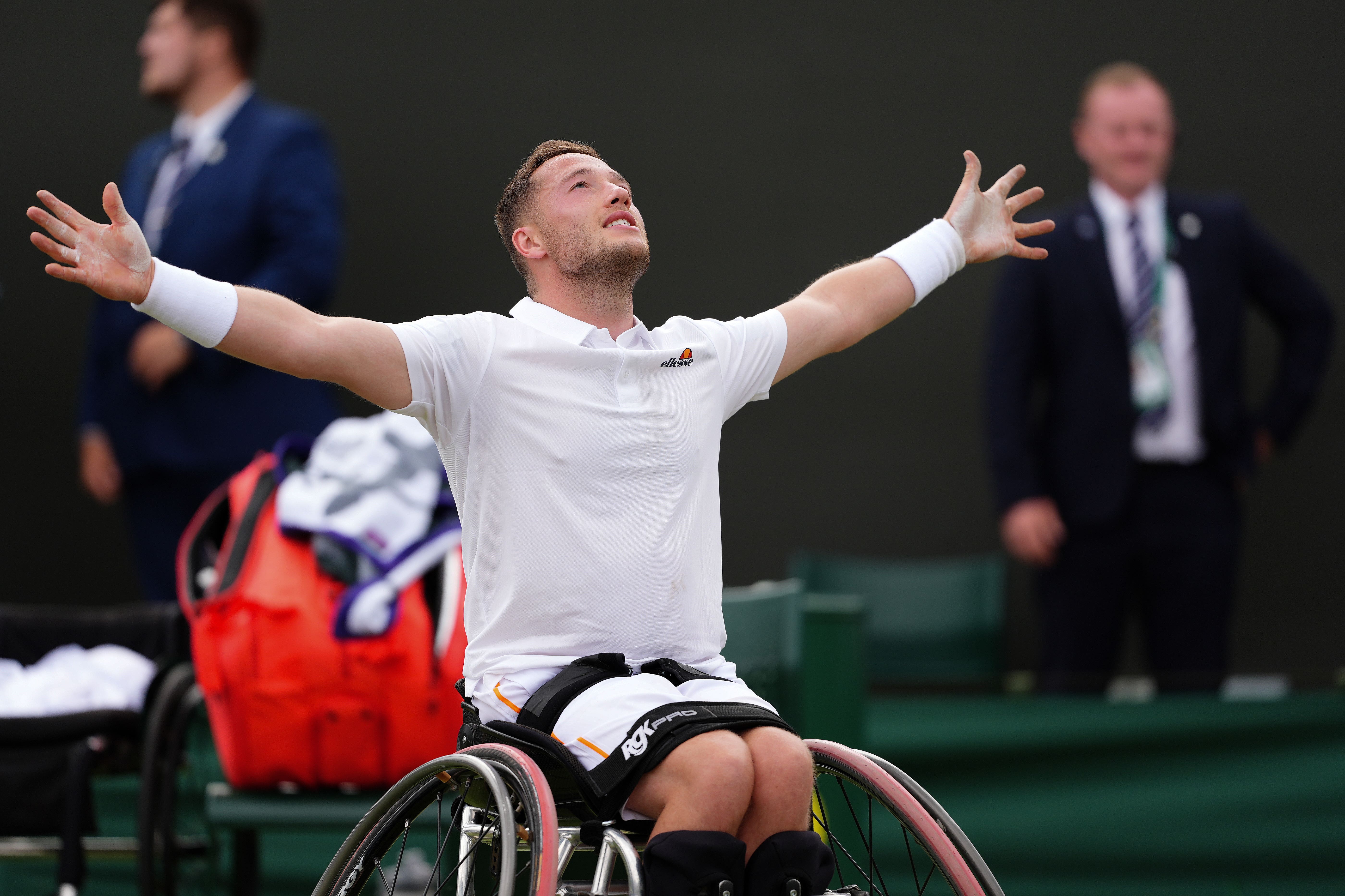 Alfie Hewett celebrates victory over Gustavo Fernandez on day 12 of the Championships (John Walton/PA)