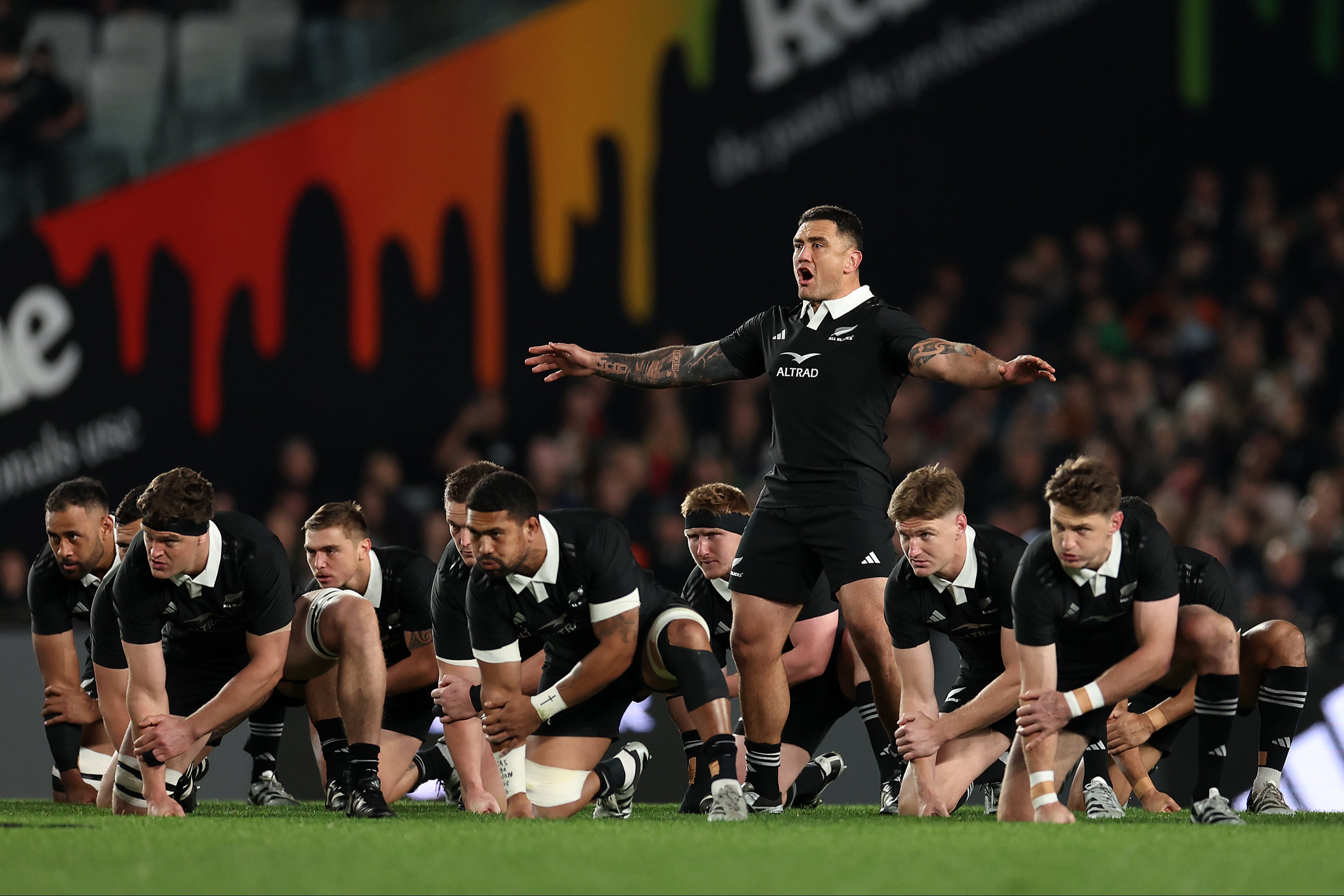 Codie Taylor of the New Zealand All Blacks leads the Haka