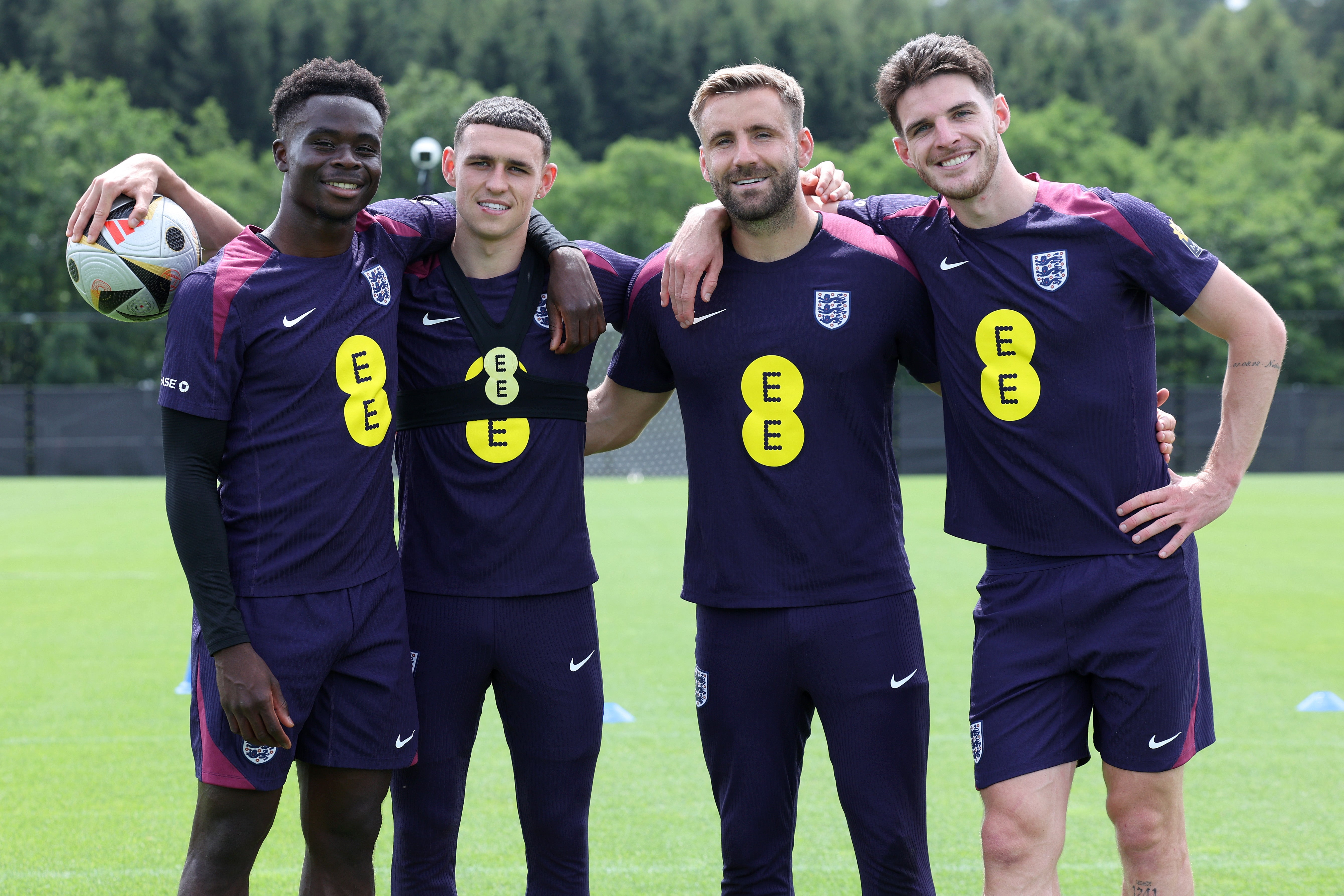 Bukayo Saka, Phil Foden, Luke Shaw and Declan Rice at training in Blankenhain