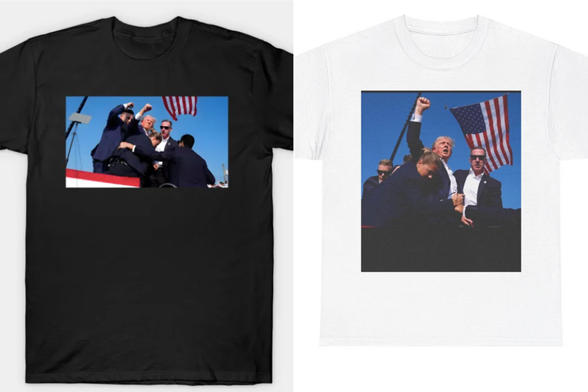 T-shirts with the image of Trump in the aftermath of the shooting have already gone on sale.