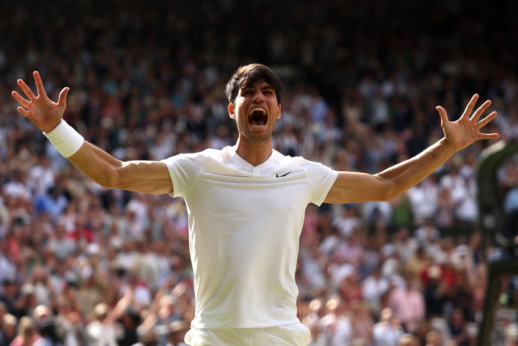 Carlos Alcaraz celebrates his second Wimbledon title