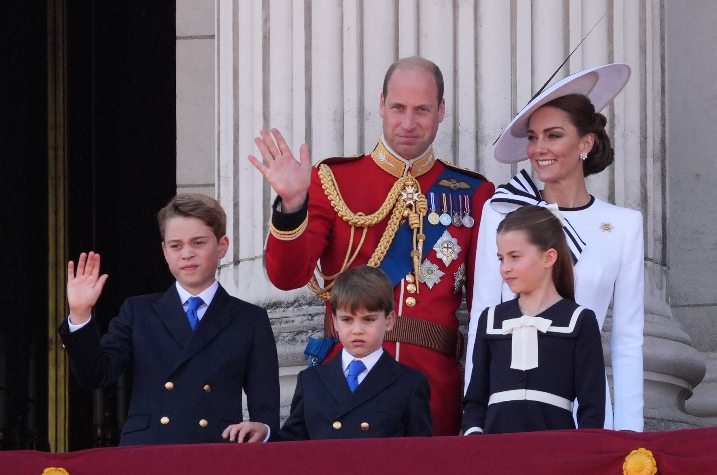 Prince George, the Prince of Wales, Prince Louis, the Princess of Wales and Princess Charlotte on the balcony of Buckingham Palace at the 2024 Trooping the Colour.