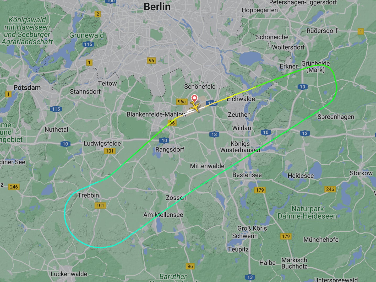 Going nowhere: flightpath of Eurowings flight EW8470 from Berlin to Manchester