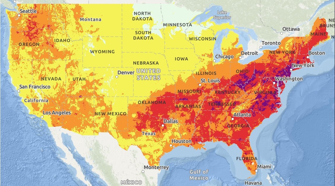 Much of the East will experience harsh heat temperatures this week. Map from July 14