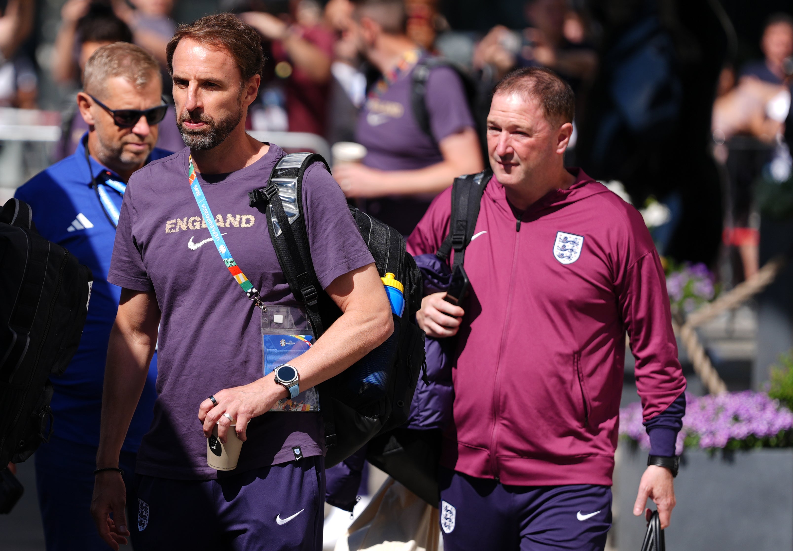 Gareth Southgate and his assistant Steve Holland leaving the team hotel in Berlin