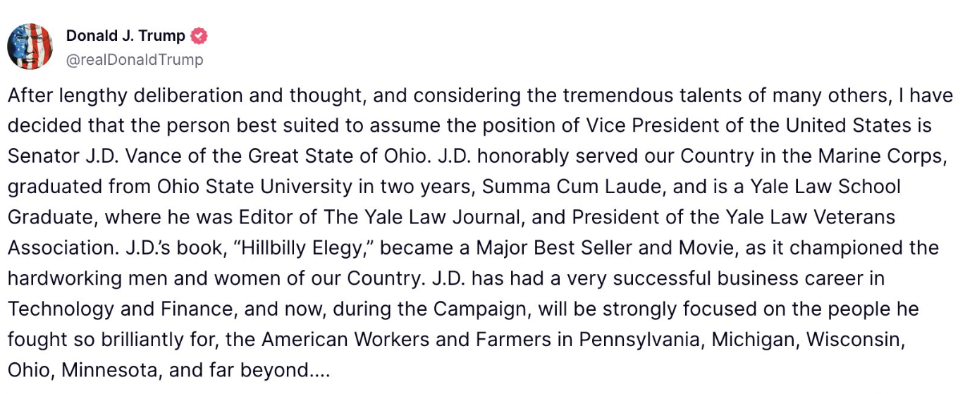 Trump announced JD Vance as his VP pick on Monday.