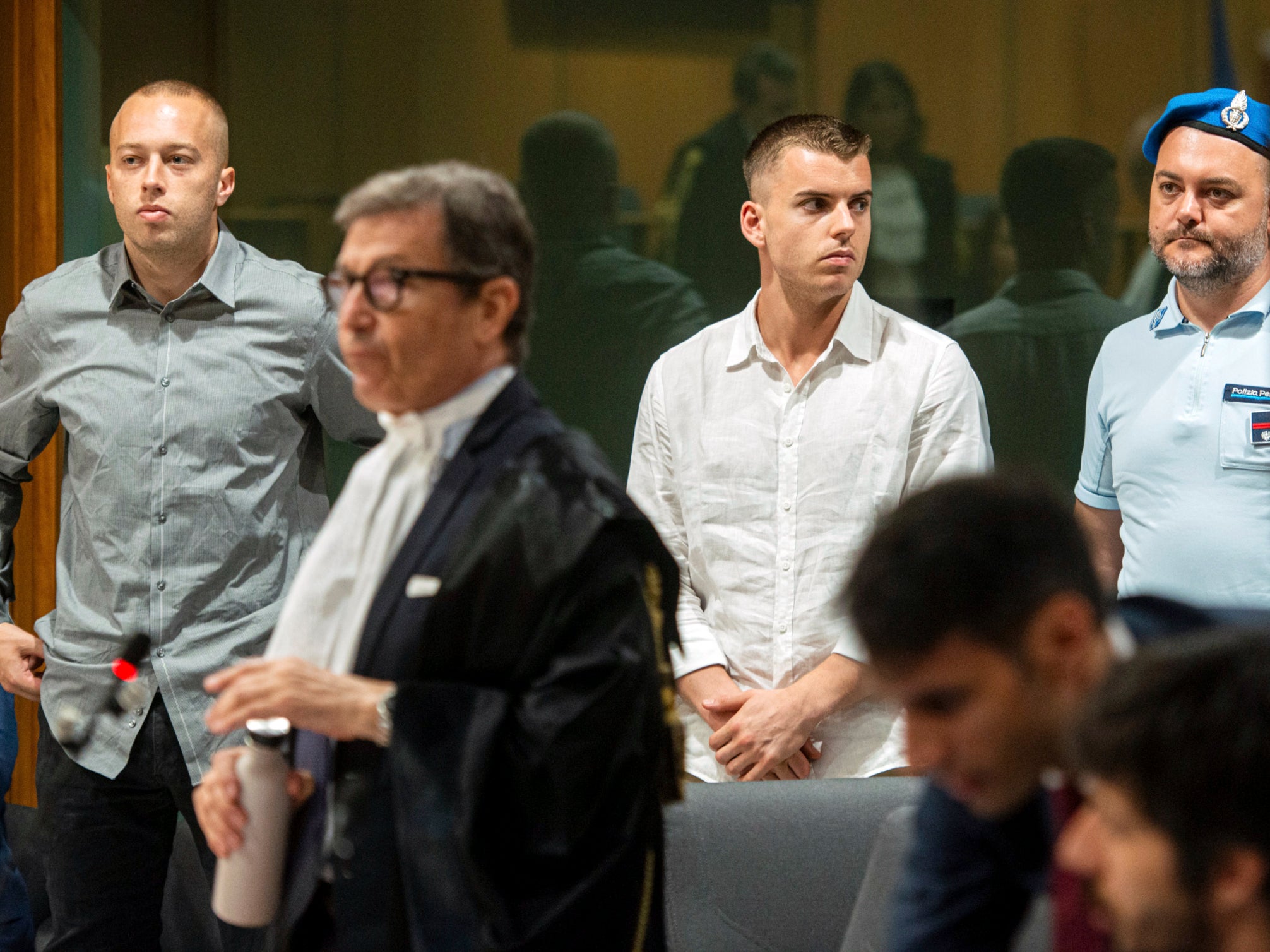 Finnegan Lee Elder, left, and Gabriel Natale Hjorth, centre, appear in court on 26 June 2024