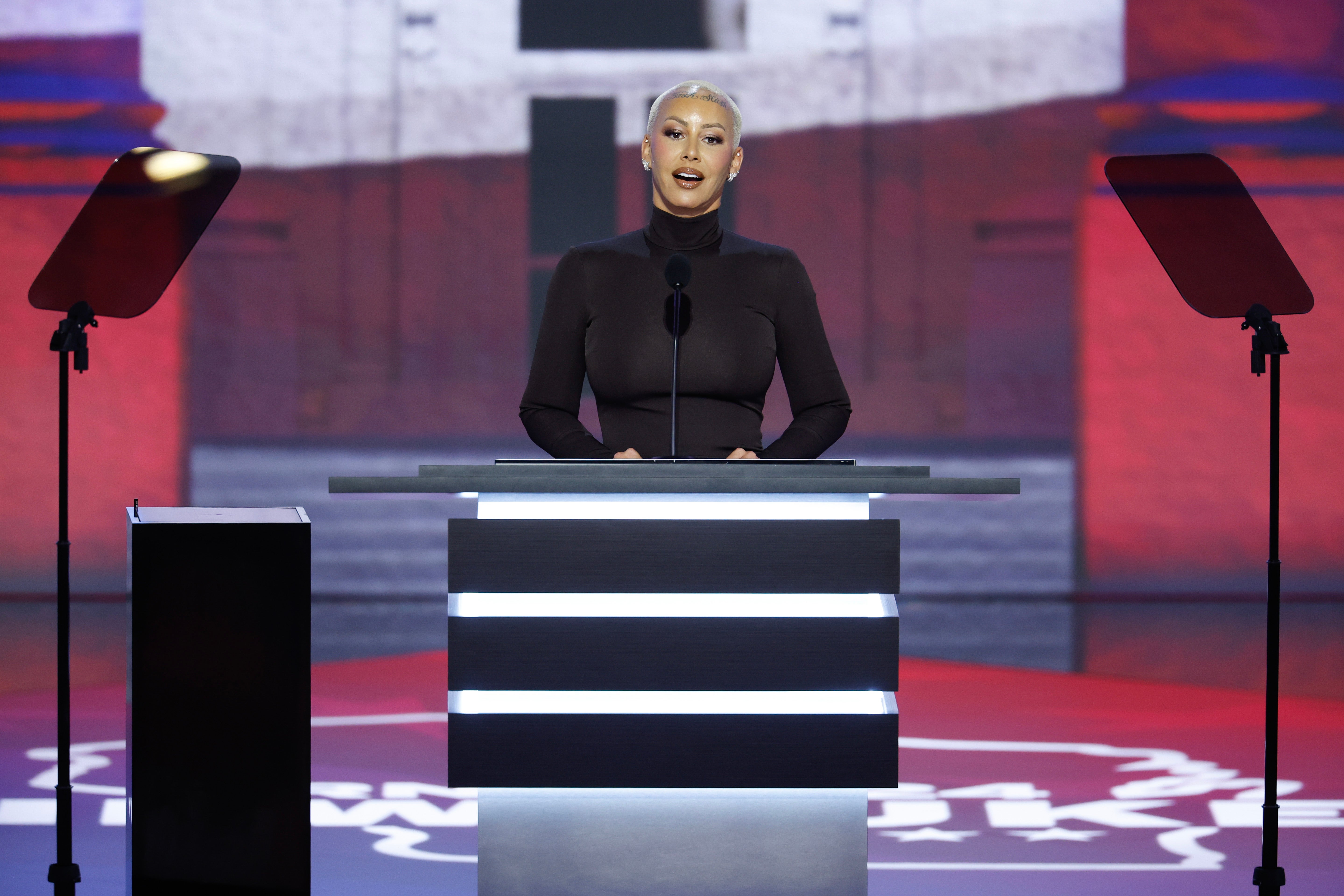 Amber Rose speaks on day one of the Republican National Convention, stating that the media has ‘lied’ about Donald Trump