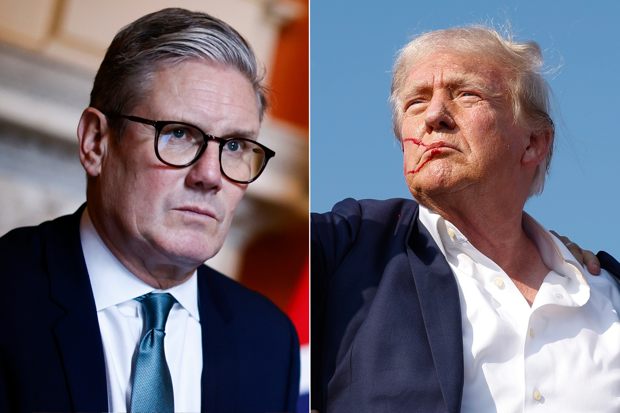 Prime minister Keir Starmer, left, and Donald Trump after assassination attempt, right