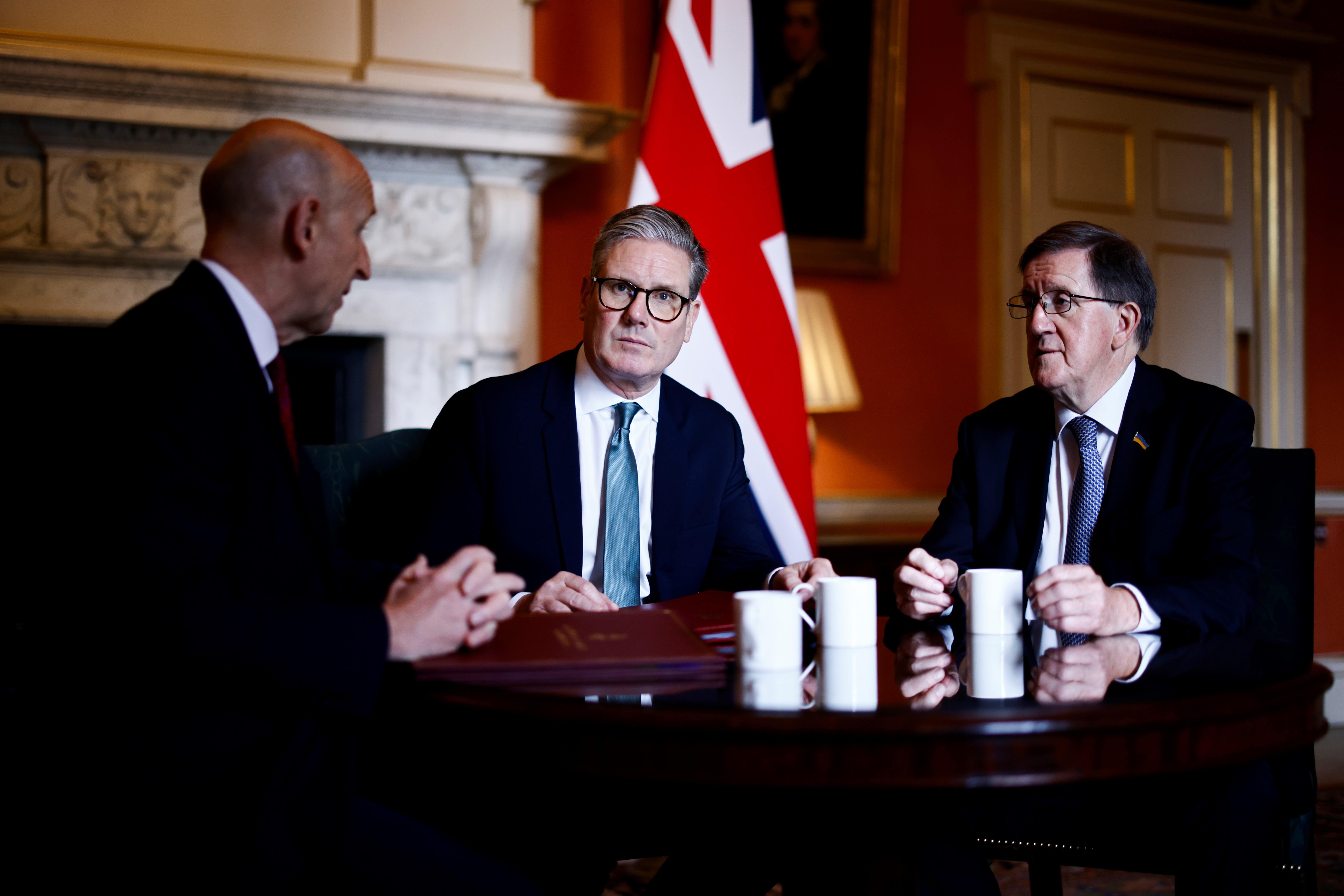 Prime Minister Sir Keir Starmer meets with Defence Secretary John Healey and former Nato chief Lord Robertson