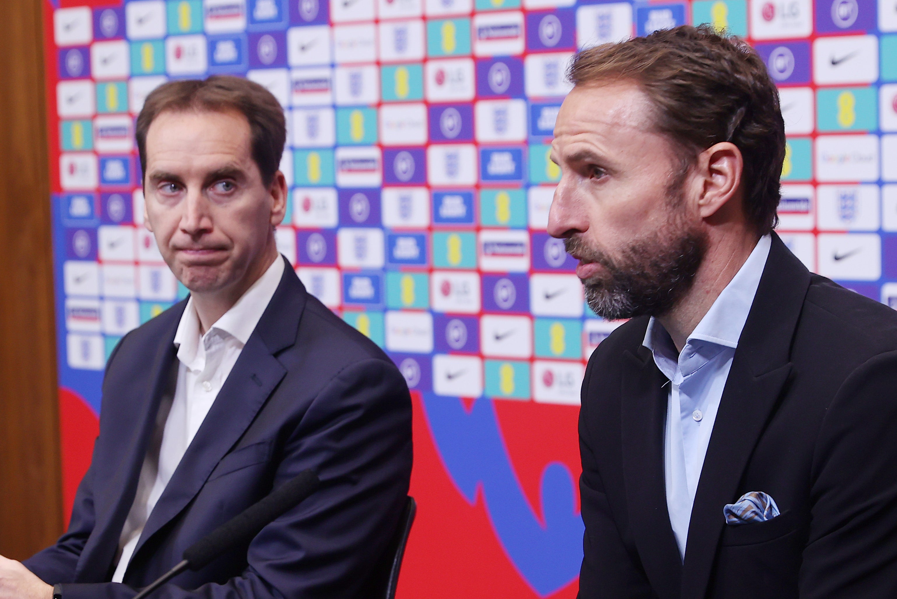 Mark Bullingham (left), CEO of the FA, at a 2021 press conference with Gareth Southgate