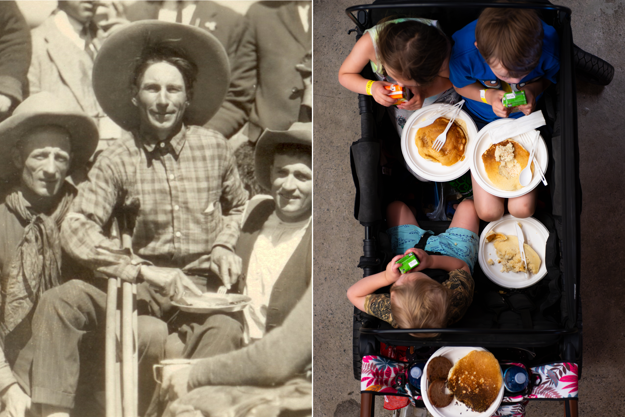 Cowboys enjoy warm pancakes in 1923 (left) while kids tuck into their free breakfasts a century later in 2023