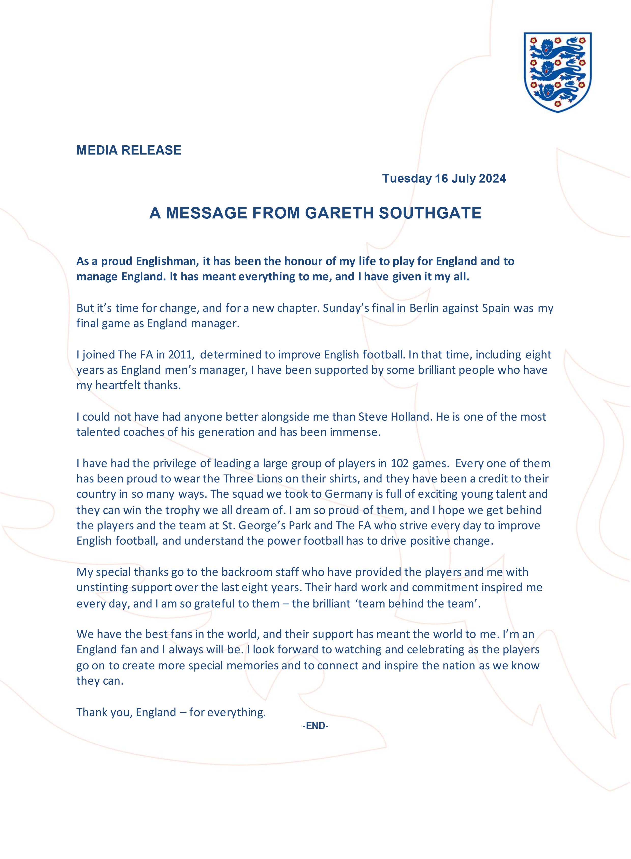 Gareth Southgate’s message as he stepped down as England manager (FA Handout/PA).