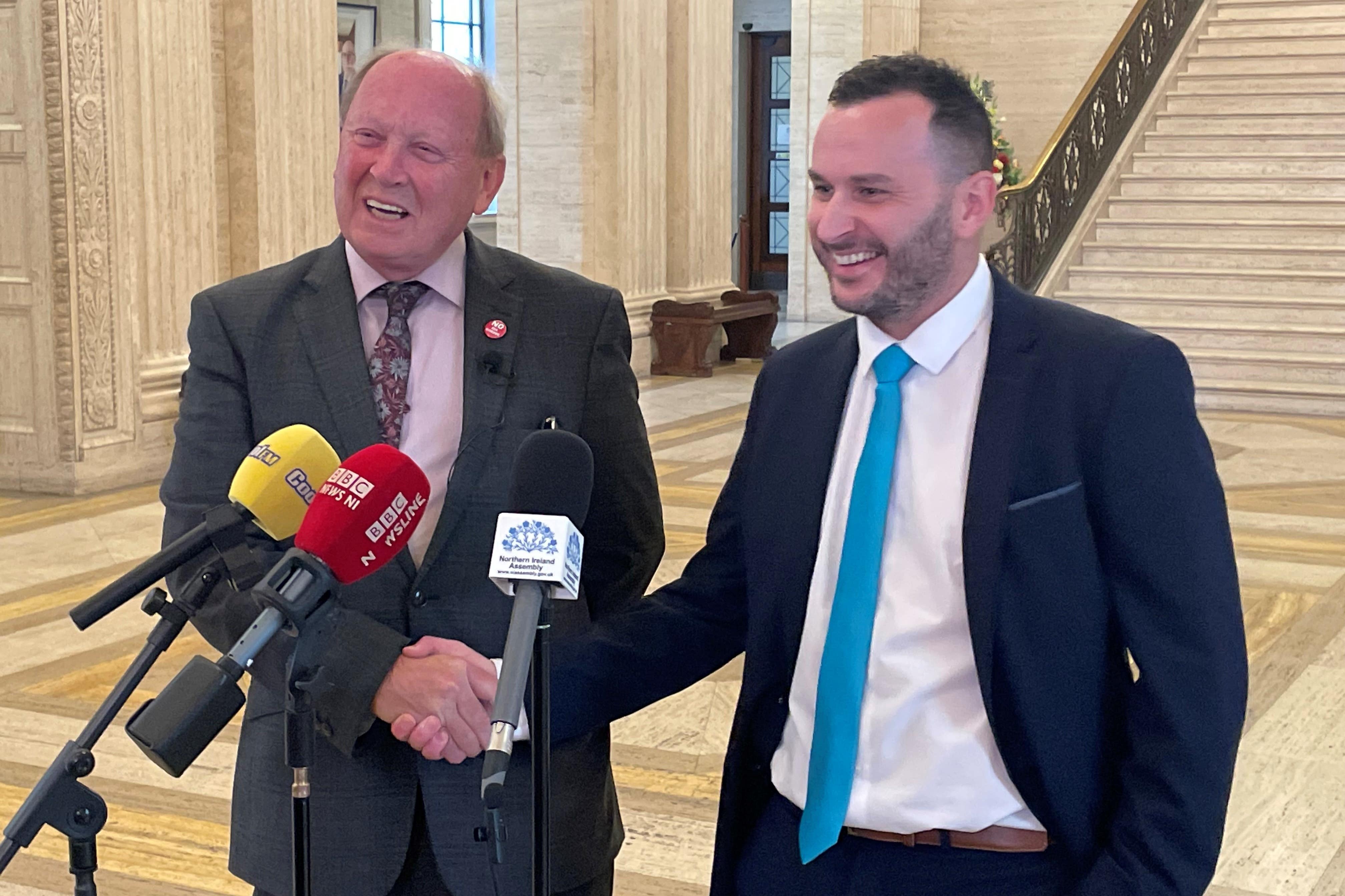 TUV leader and recently elected North Antrim MP Jim Allister, left, unveiling TUV councillor Timothy Gaston as his successor as North Antrim MLA (PA)