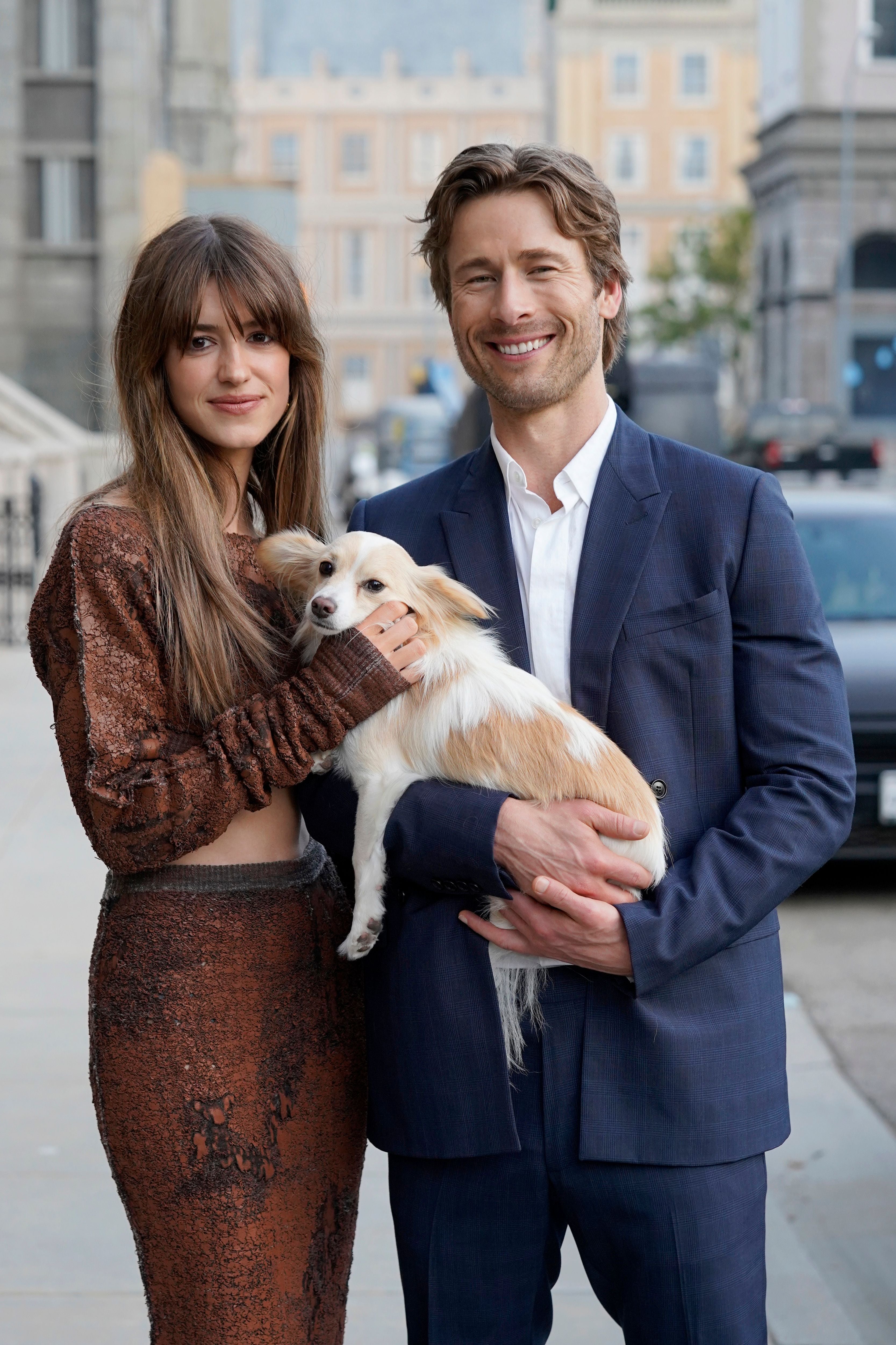 Daisy Edgar Jones and Glen Powell with Brisket in Los Angeles